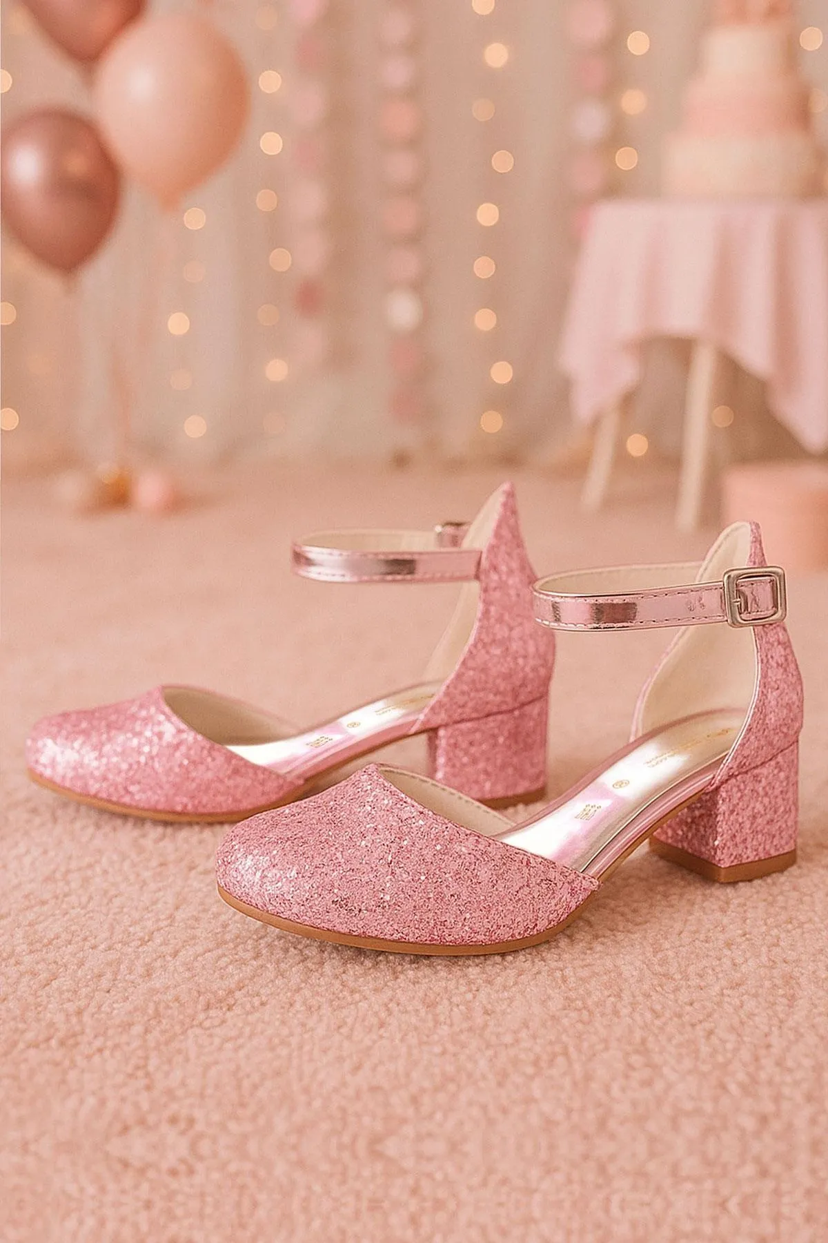 Merida Parlak Pembe Kalın Topuklu Taşlı Kız Çocuk Topuklu Ayakkabı