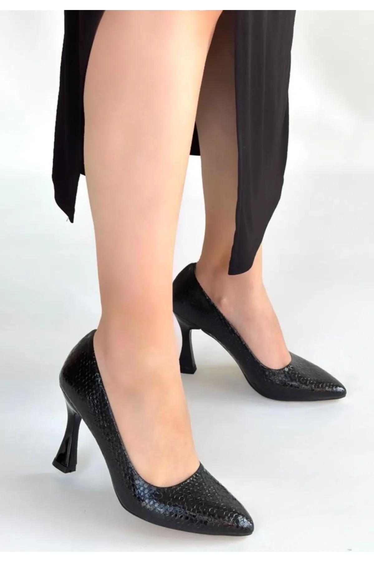 Merio Siyah Baskılı Rugan Topuklu Ayakkabı