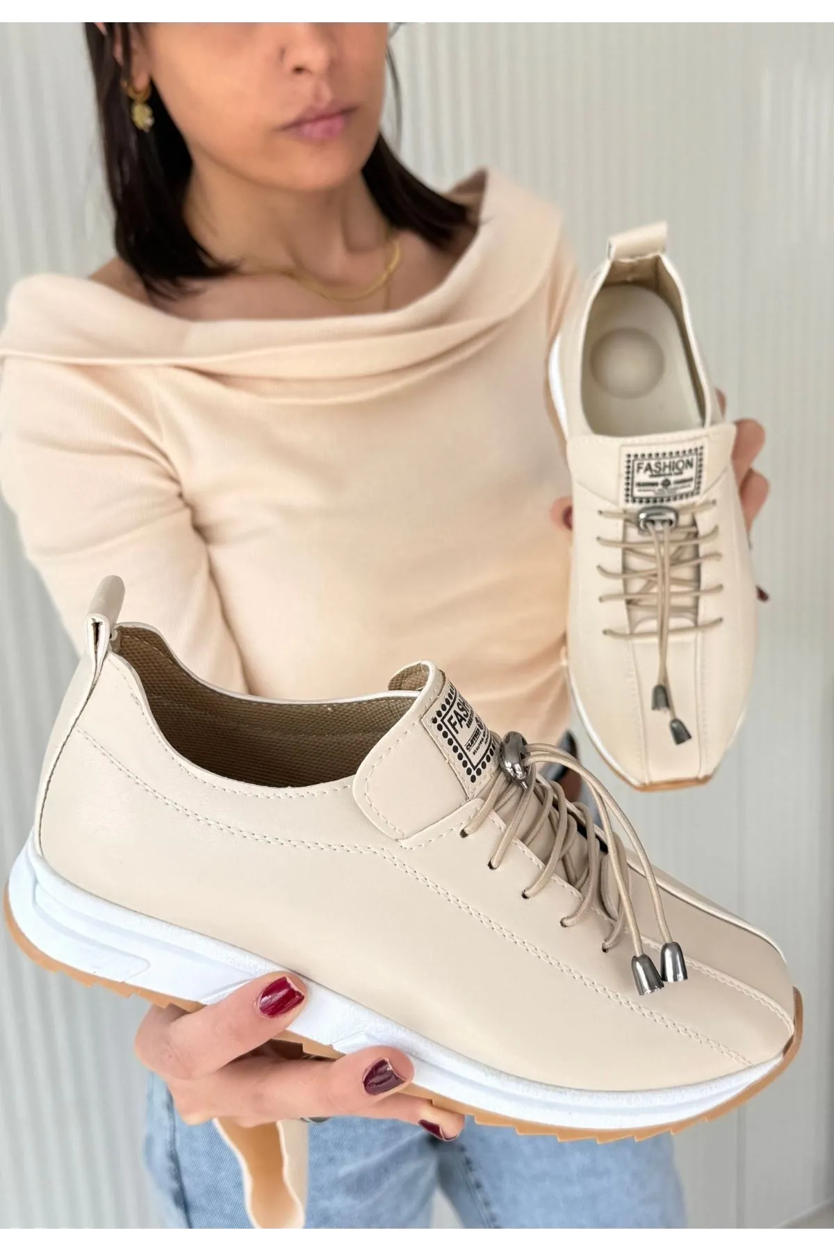 Monya Bej Cilt Bağcıklı Spor Ayakkabı