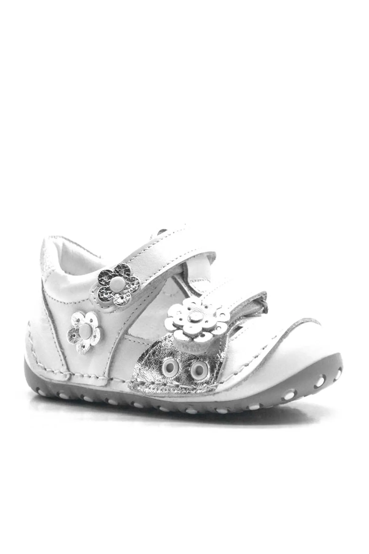 Nino Hakiki Deri Beyaz Gümüş Cırtlı Yazlık İlk Adım Ayakkabı