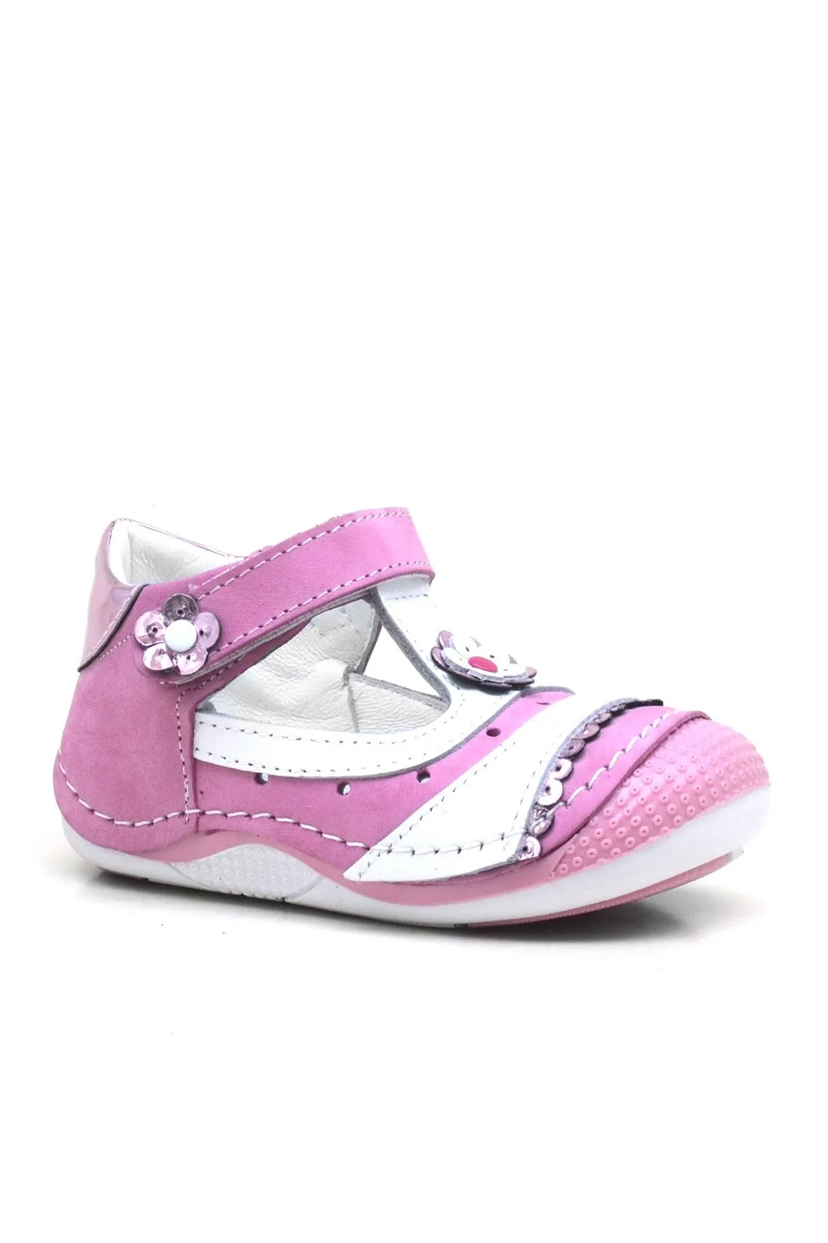 Pembe Pullu Hakiki Deri Cırtlı Yazlık Kız Bebek Ayakkabı