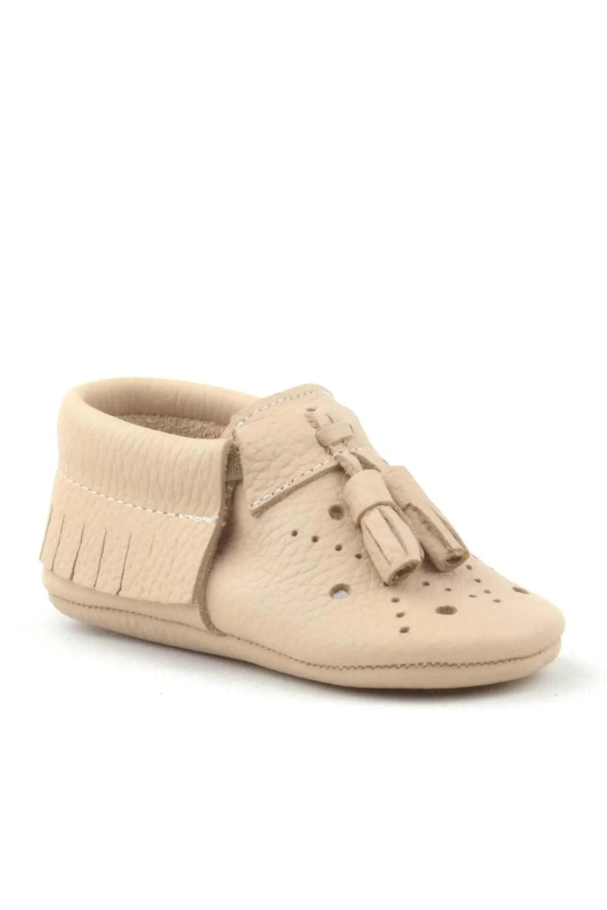 Peppa Hakiki Deri Kum Rengi Püsküllü Lastikli Bebek Patik