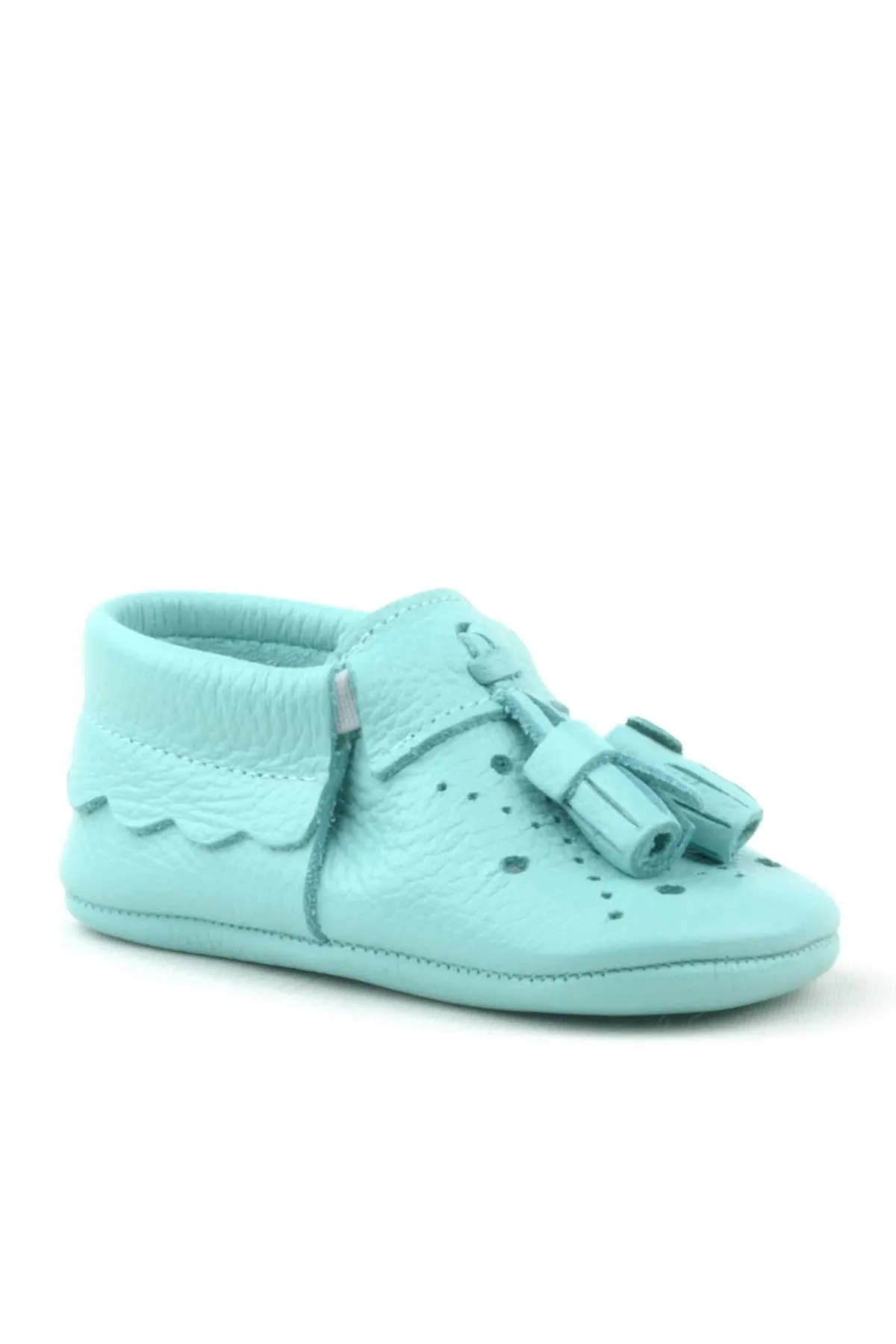 Peppa Hakiki Deri Yeşil Püsküllü Lastikli Bebek Patik