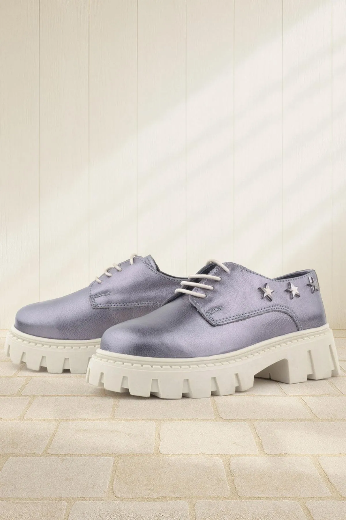 Platin Hakiki Deri Bağcıklı Yıldızlı Kız Çocuk Oxford Okul Ayakkabı