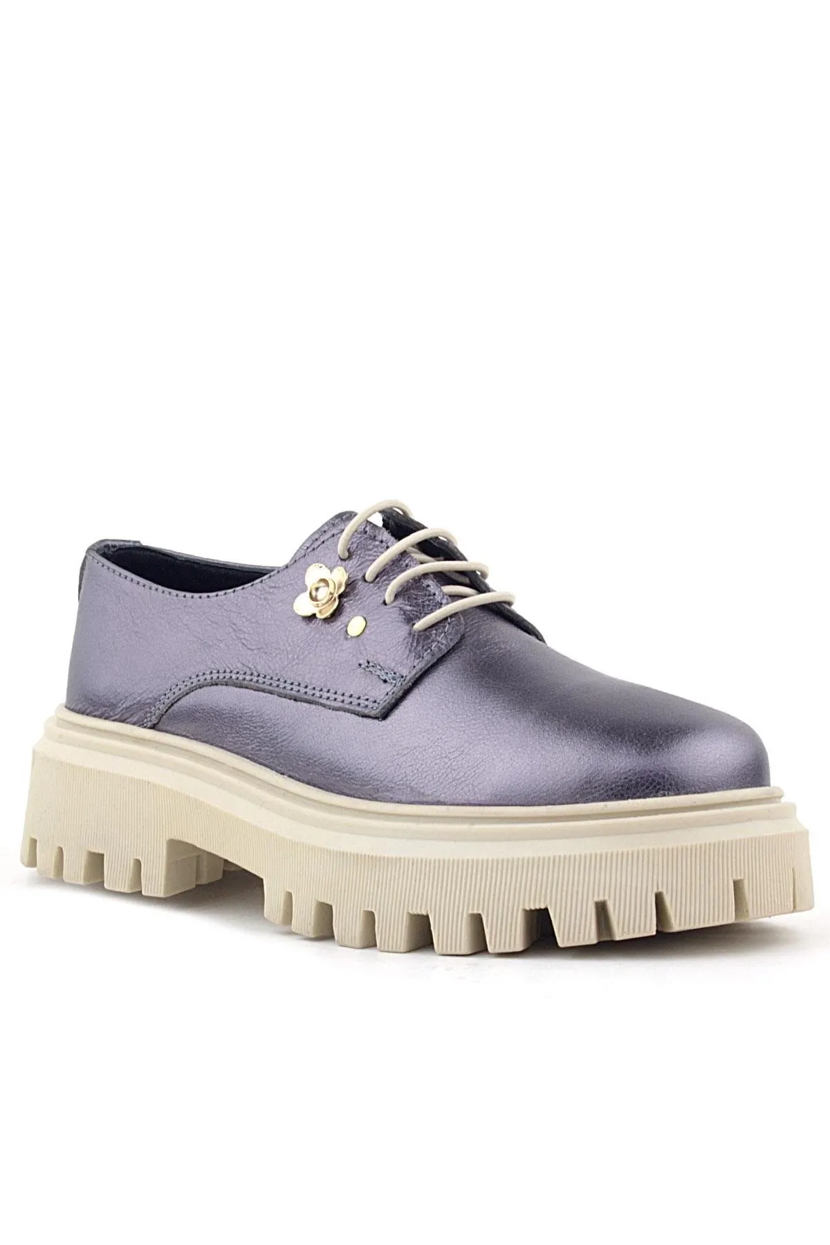 Platin Hakiki Deri Çiçek Detaylı Bağcıklı Oxford Günlük Ayakkabı