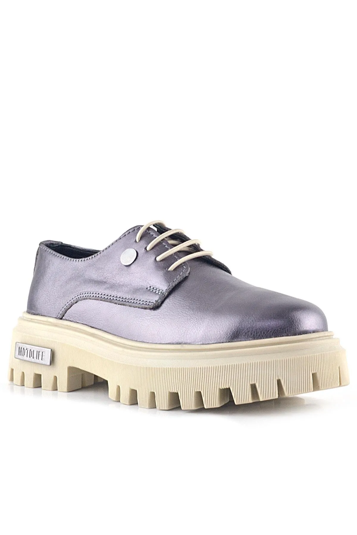 Platin Hakiki Deri Metal Detaylı Bağcıklı Günlük Oxford Ayakkabı