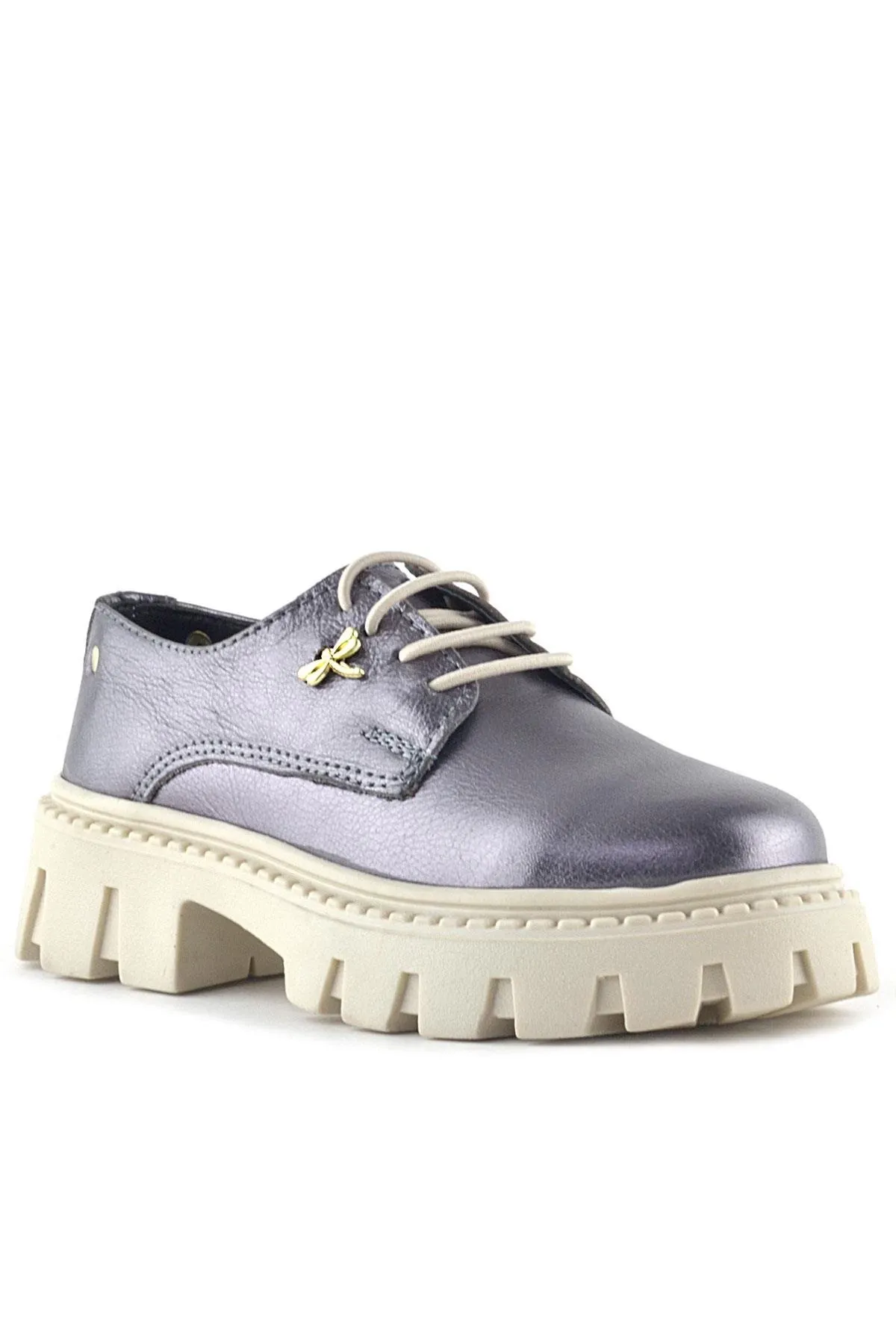 Platin Hakiki Deri Toka Detaylı Bağcıklı Kız Çocuk Günlük Ayakkabı