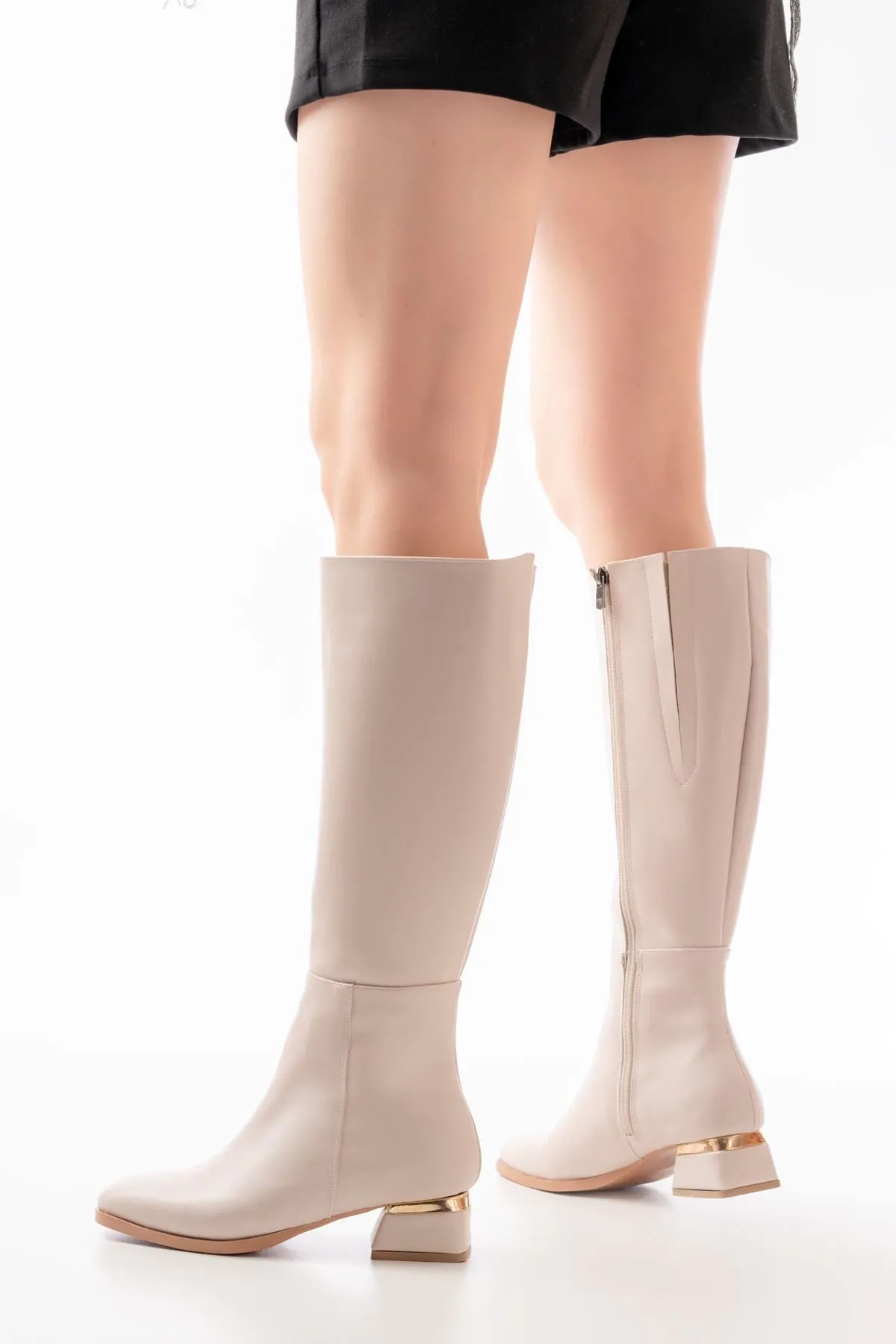 Rm-505 Bej Topuklu Fermuarlı Günlük Kadın Çizme