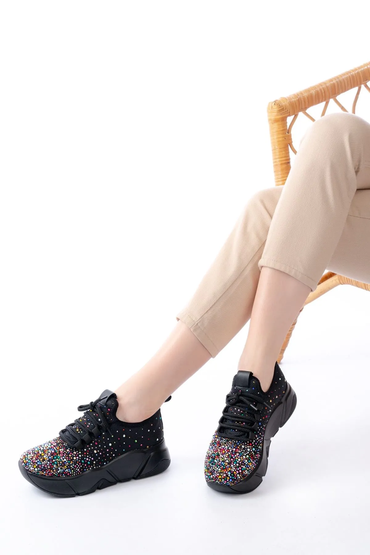 Rs-403 Siyah Bağcıklı Fileli Multi Taşlı Günlük Kadın Spor