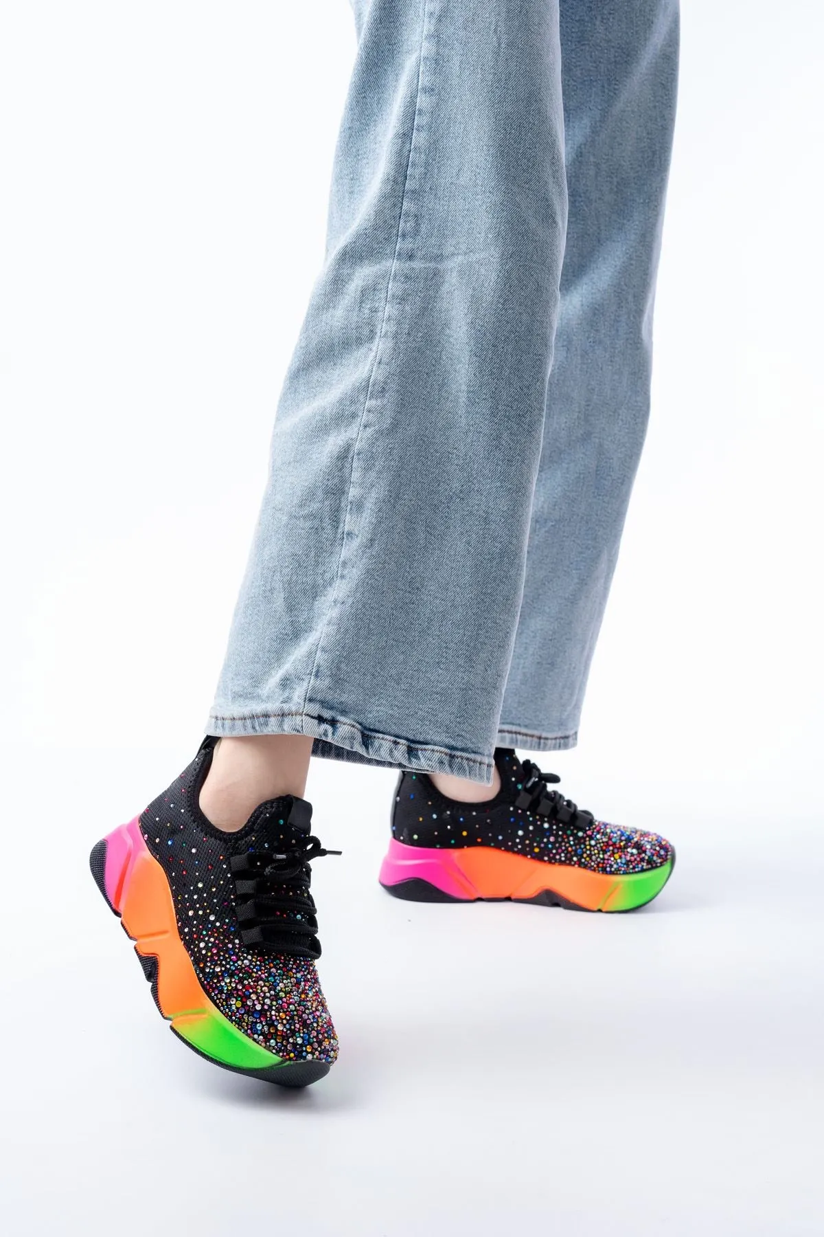 Rs-403  Siyah Bağcıklı Fileli Multi Taşlı Renkli Taban Günlük Kadın Spor