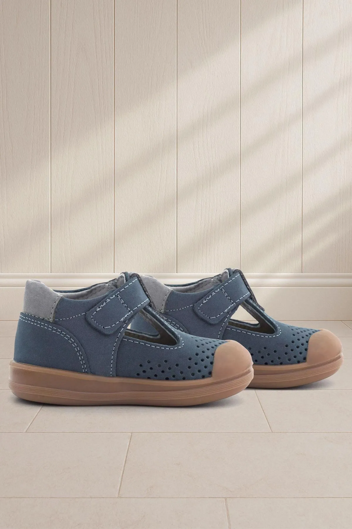 Shaun Hakiki Deri Lacivert Gri Cırtlı Anatomik Bebek Sandalet