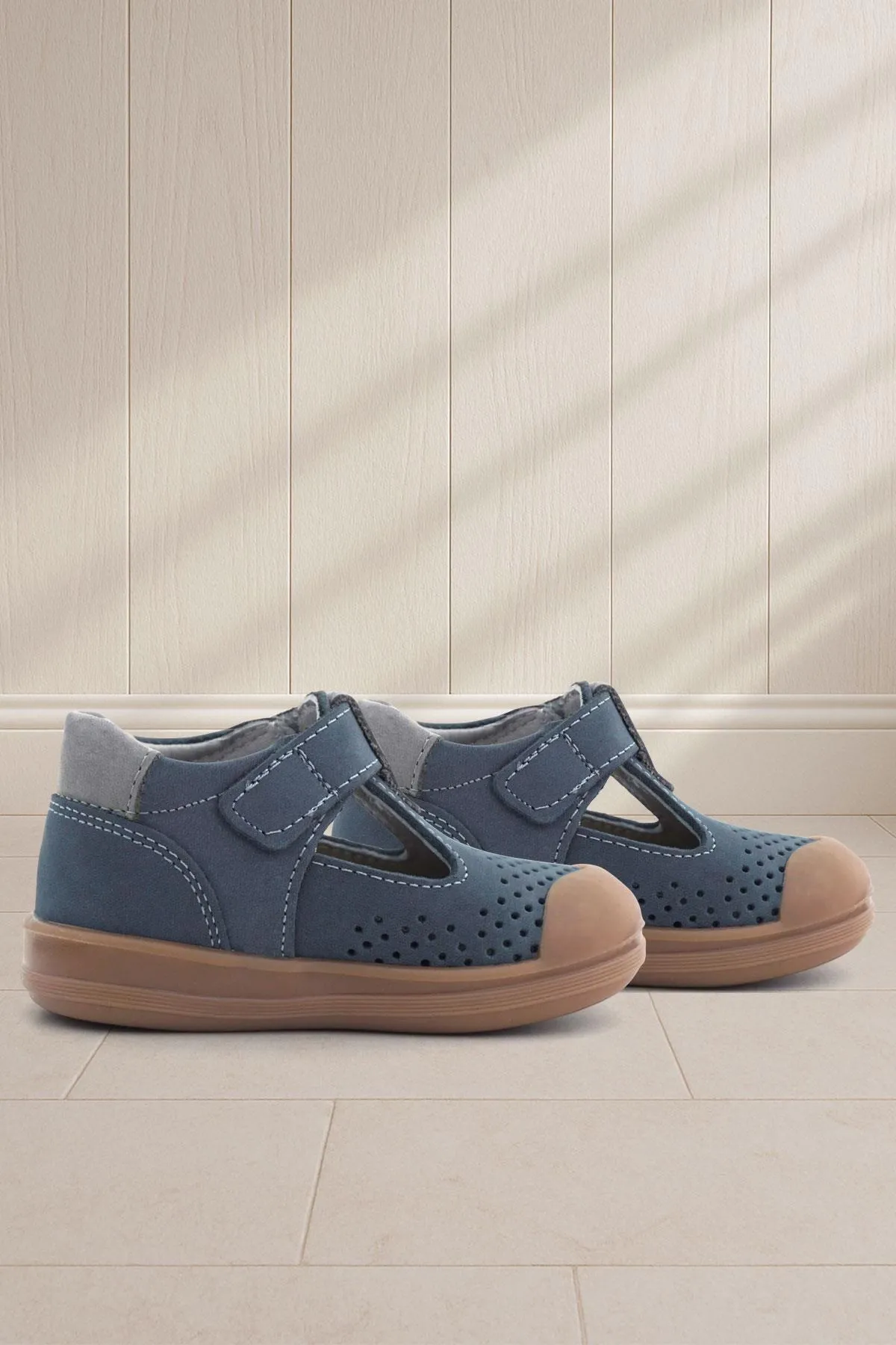 Shaun Hakiki Deri Lacivert Gri Cırtlı Anatomik Bebek Sandalet