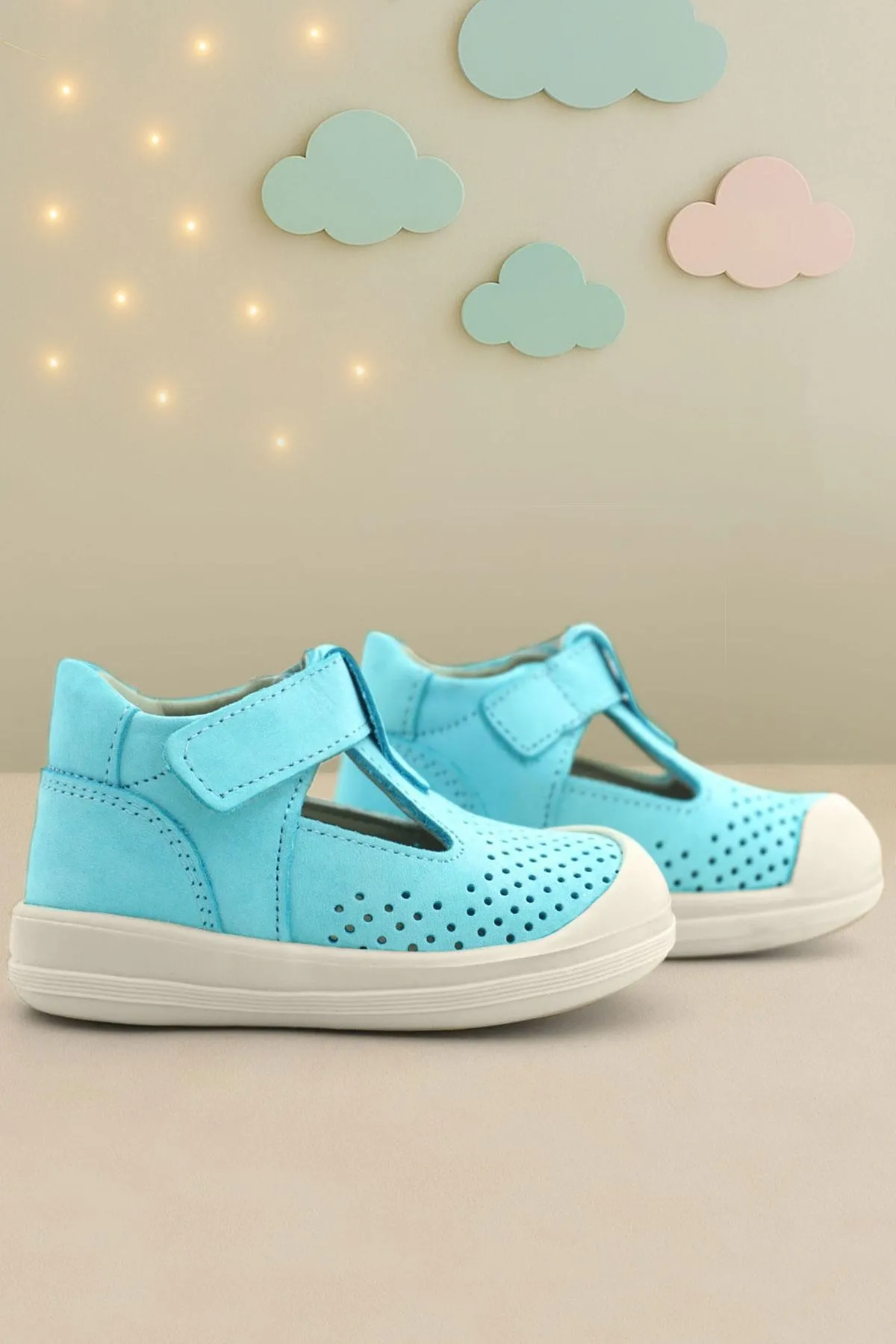 Shaun Hakiki Deri Mavi Beyaz Cırtlı Anatomik Bebek Sandalet