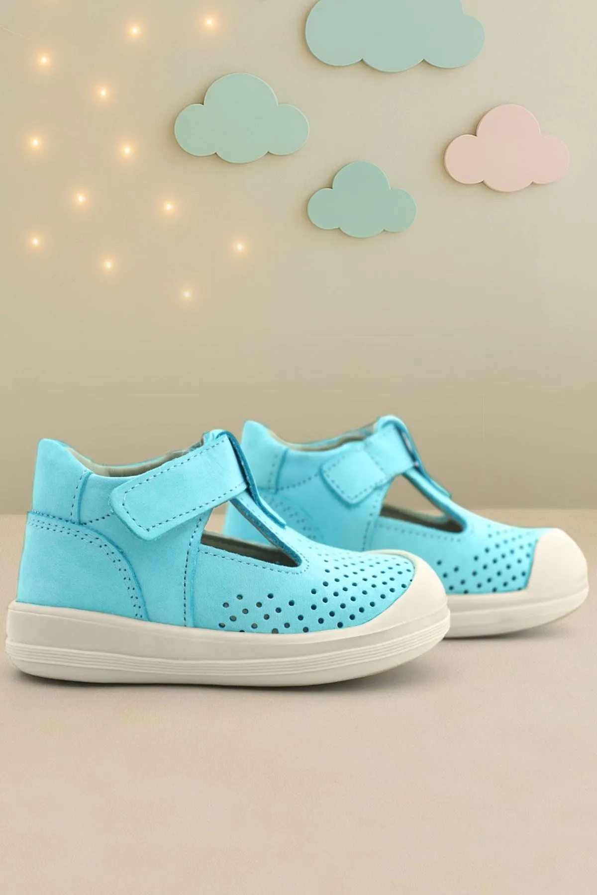 Shaun Hakiki Deri Mavi Beyaz Cırtlı Anatomik Bebek Sandalet