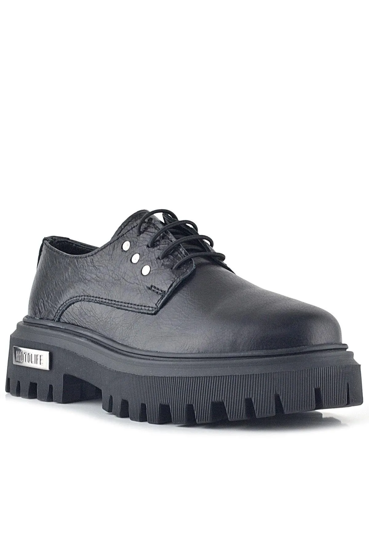 Siyah Kırışık Hakiki Deri Bağcıklı Metal Detaylı Günlükoxford Ayakkabı