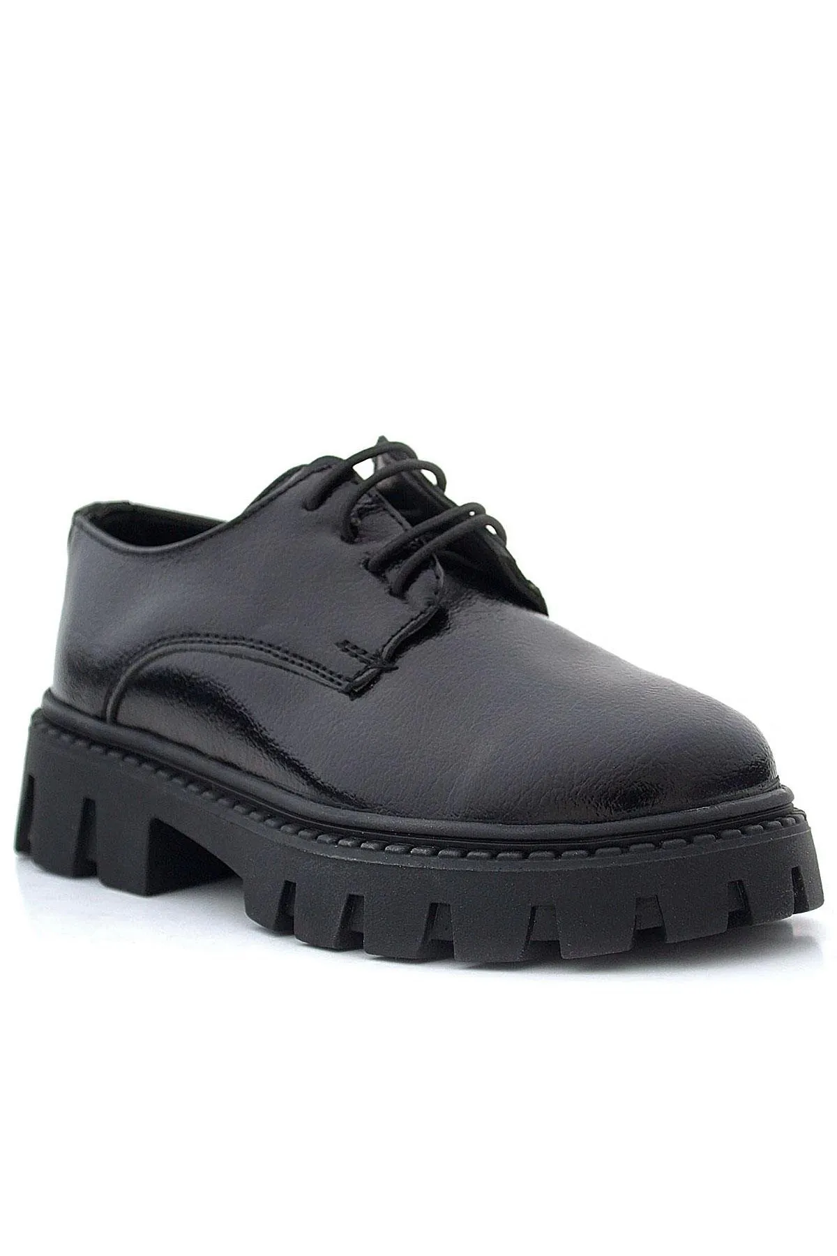 Siyah Kırışık Rugan Bağcıklı Kız Çocuk Oxford Okul Ayakkabı