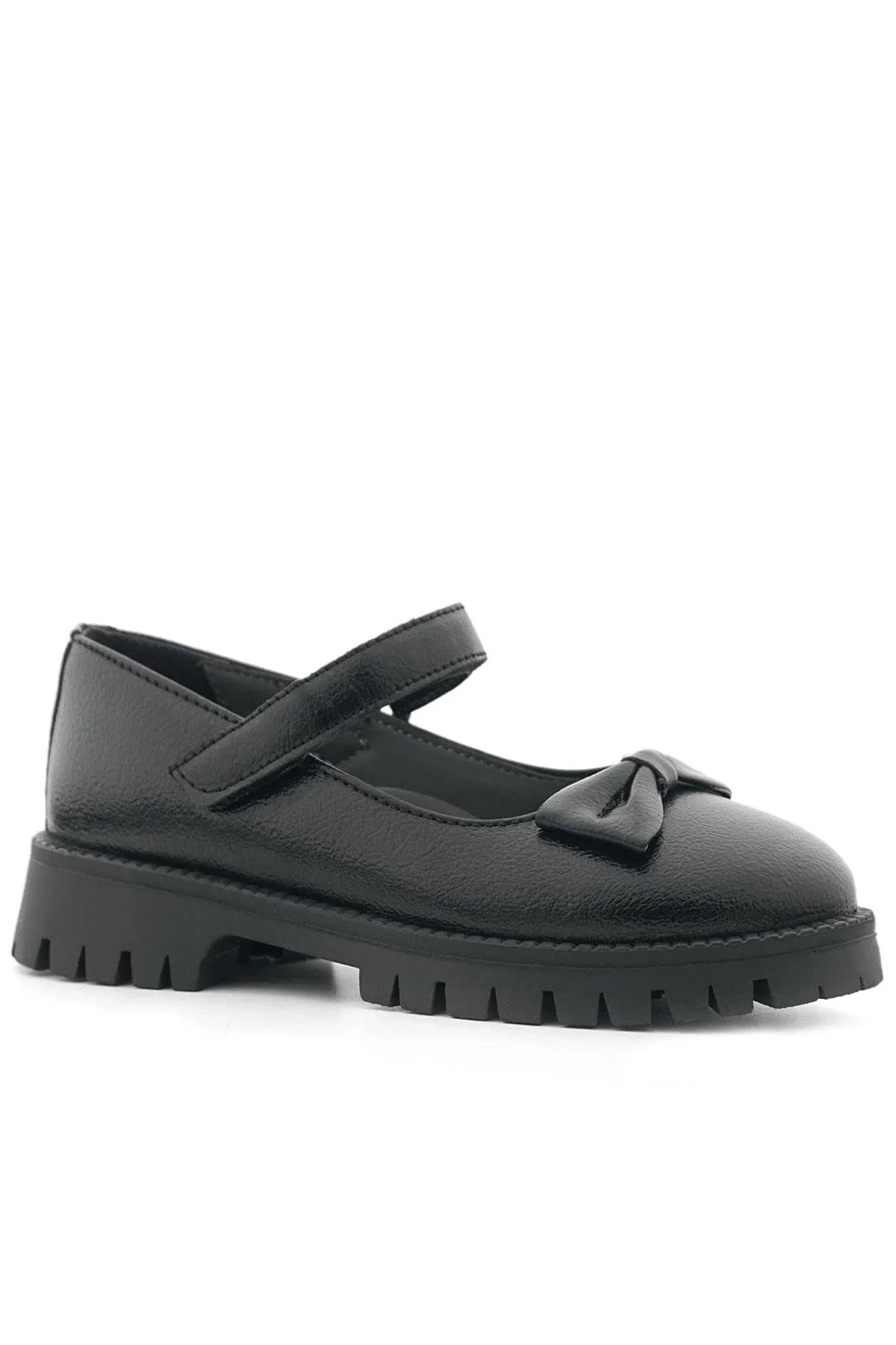 Siyah Kırışık Rugan Kalın Tabanlı Cırtlı Kız Çocuk Babet