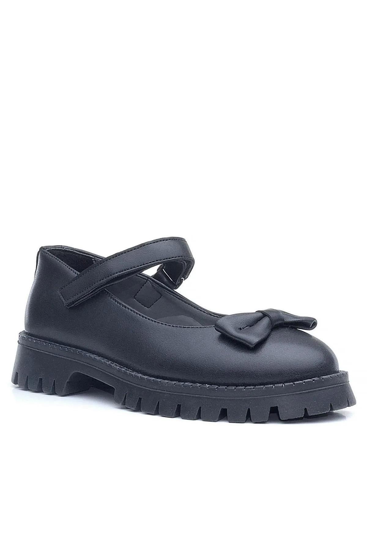 Siyah Mat Kalın Tabanlı Cırtlı Kız Çocuk Babet