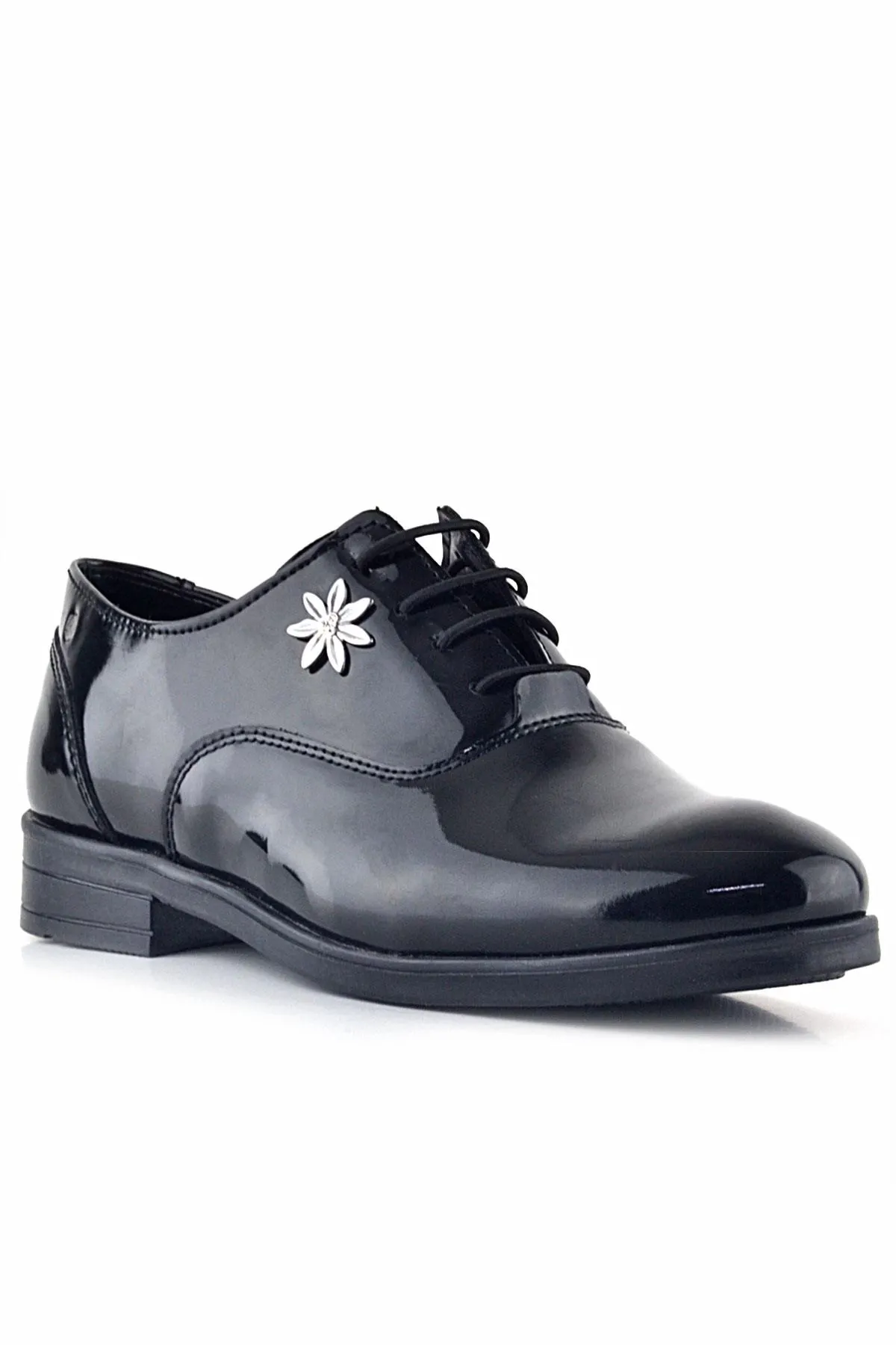 Siyah Rugan Bağcıklı Çiçek Detaylı Çocuk Klasik Ayakkabısı