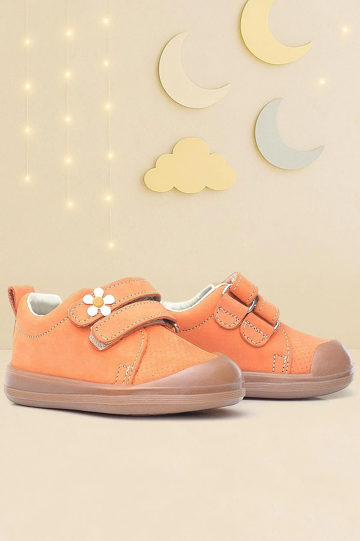Sonic Hakiki Deri Turuncu Cırtlı Çiçekli Kız Bebek Sneaker Ayakkabı