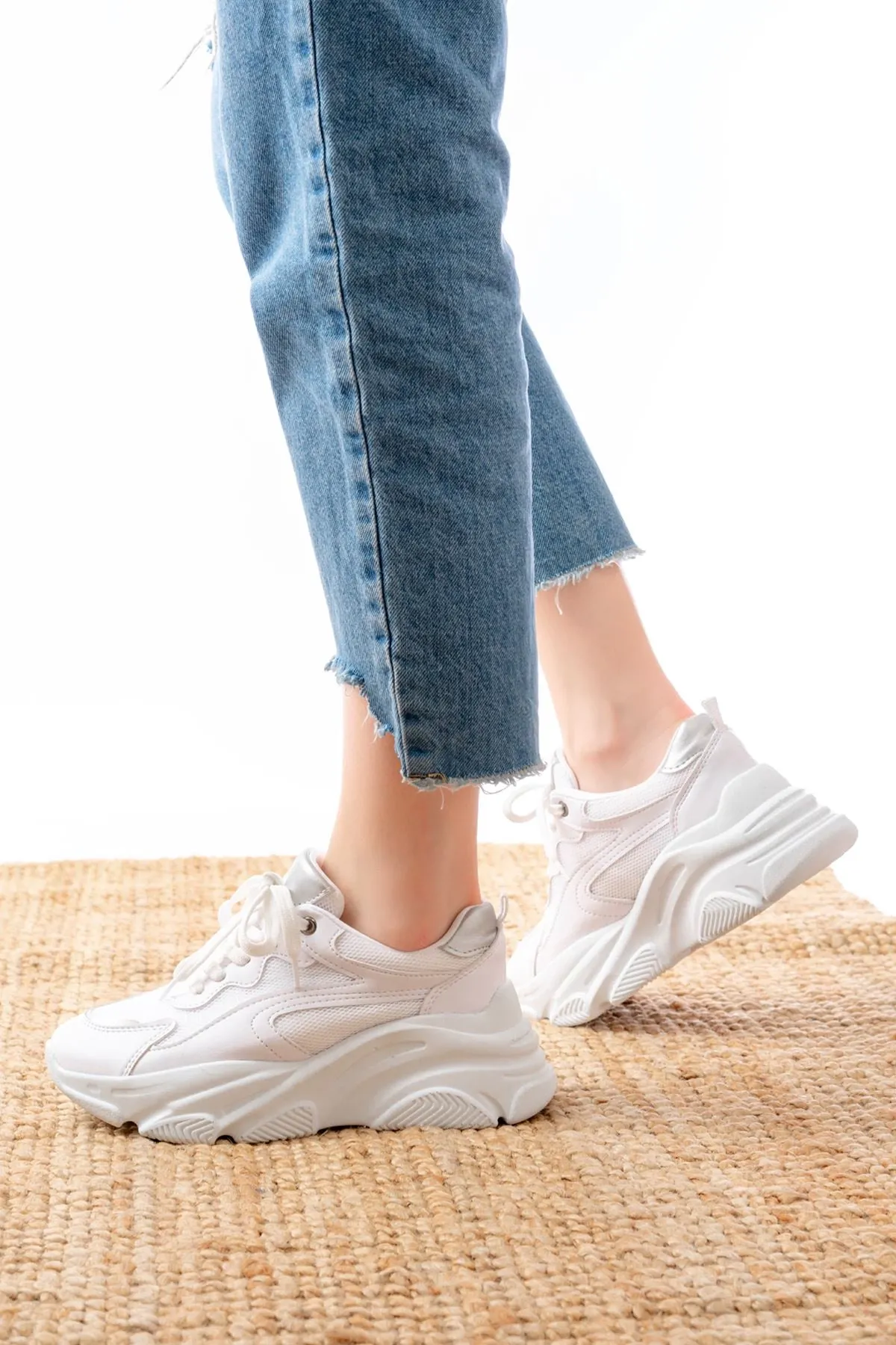 Sp-149 Beyaz Gümüş Bağcıklı Fileli Günlük Spor Ayakkabı