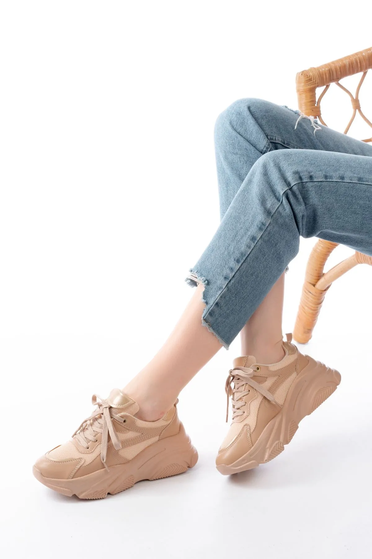 Sp-149 Nut Gold Bağcıklı Fileli Günlük Spor Ayakkabı