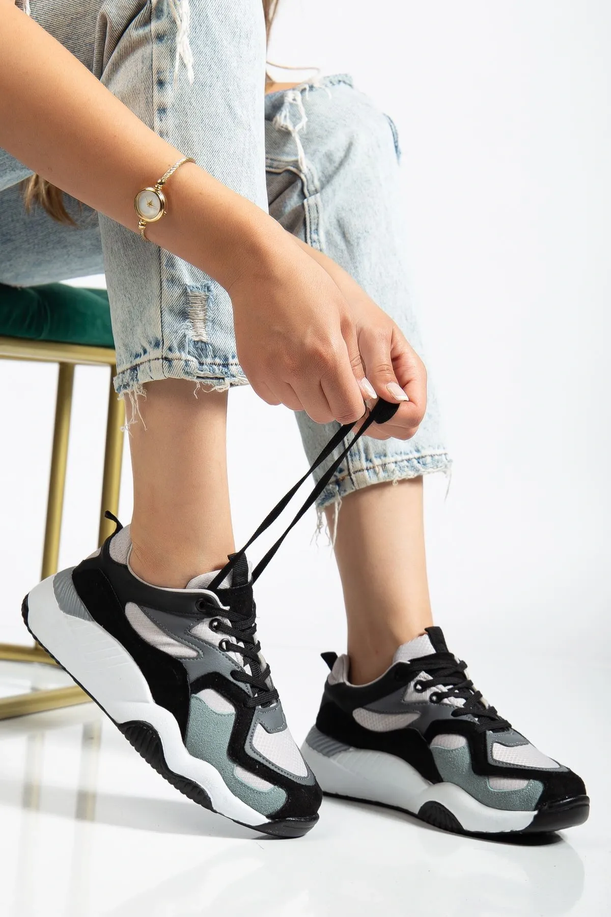 Sp-172-2 Siyah Gri Bağcıklı Kadın Spor Ayakkabı