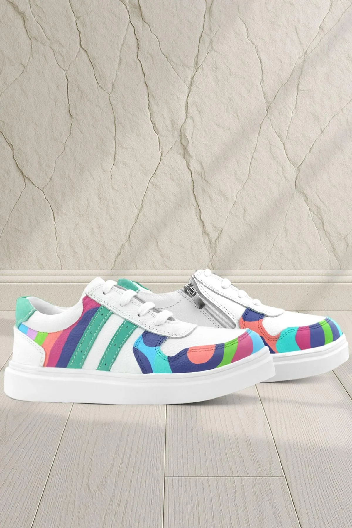 Tbons Özel Tasarım Hakiki Deri Beyaz Yeşil Bağcıklı Fermuarlı Çocuk Sneaker