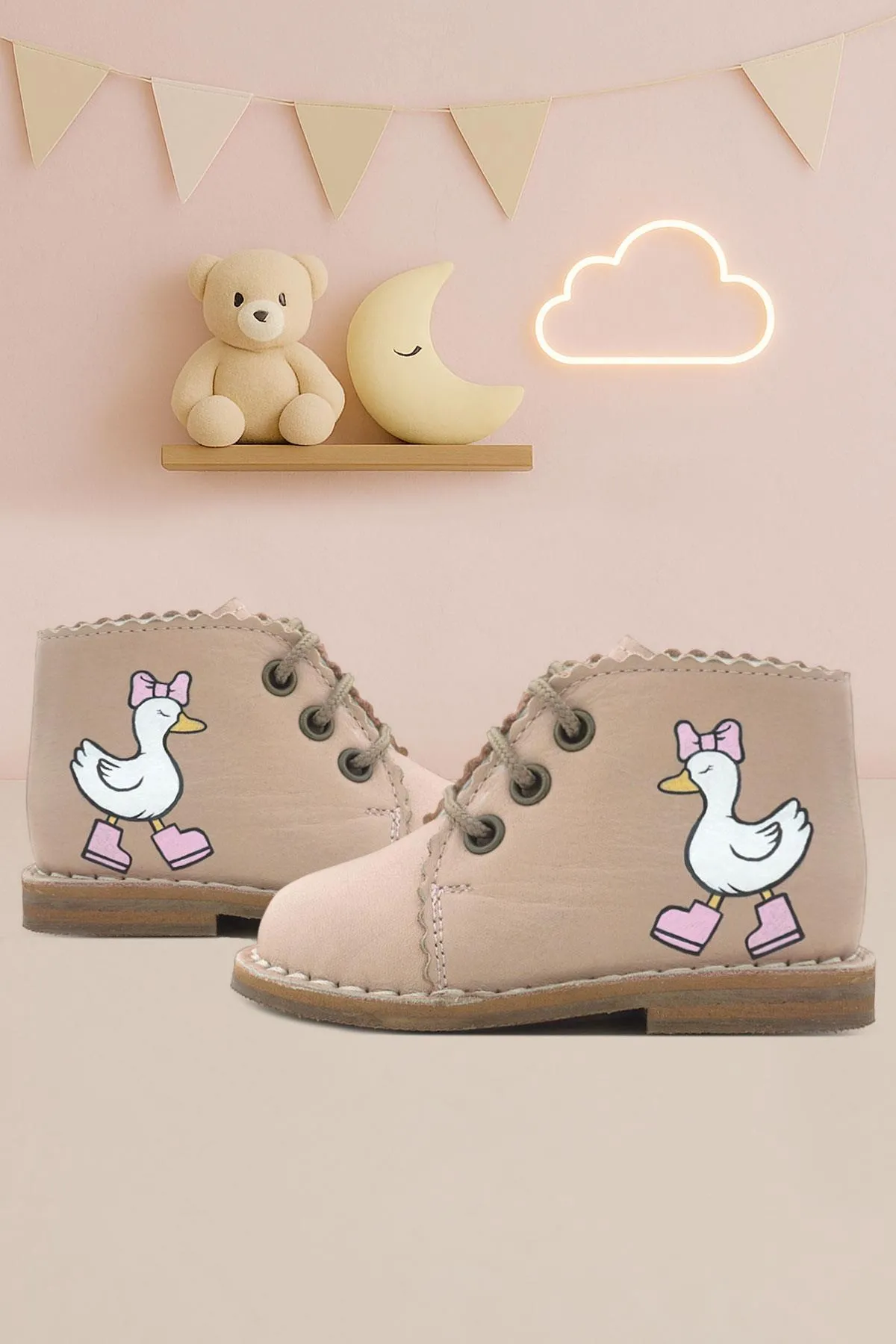 Tbons Özel Tasarım Handmade Hakiki Deri Pudra Kız Bebek Bot