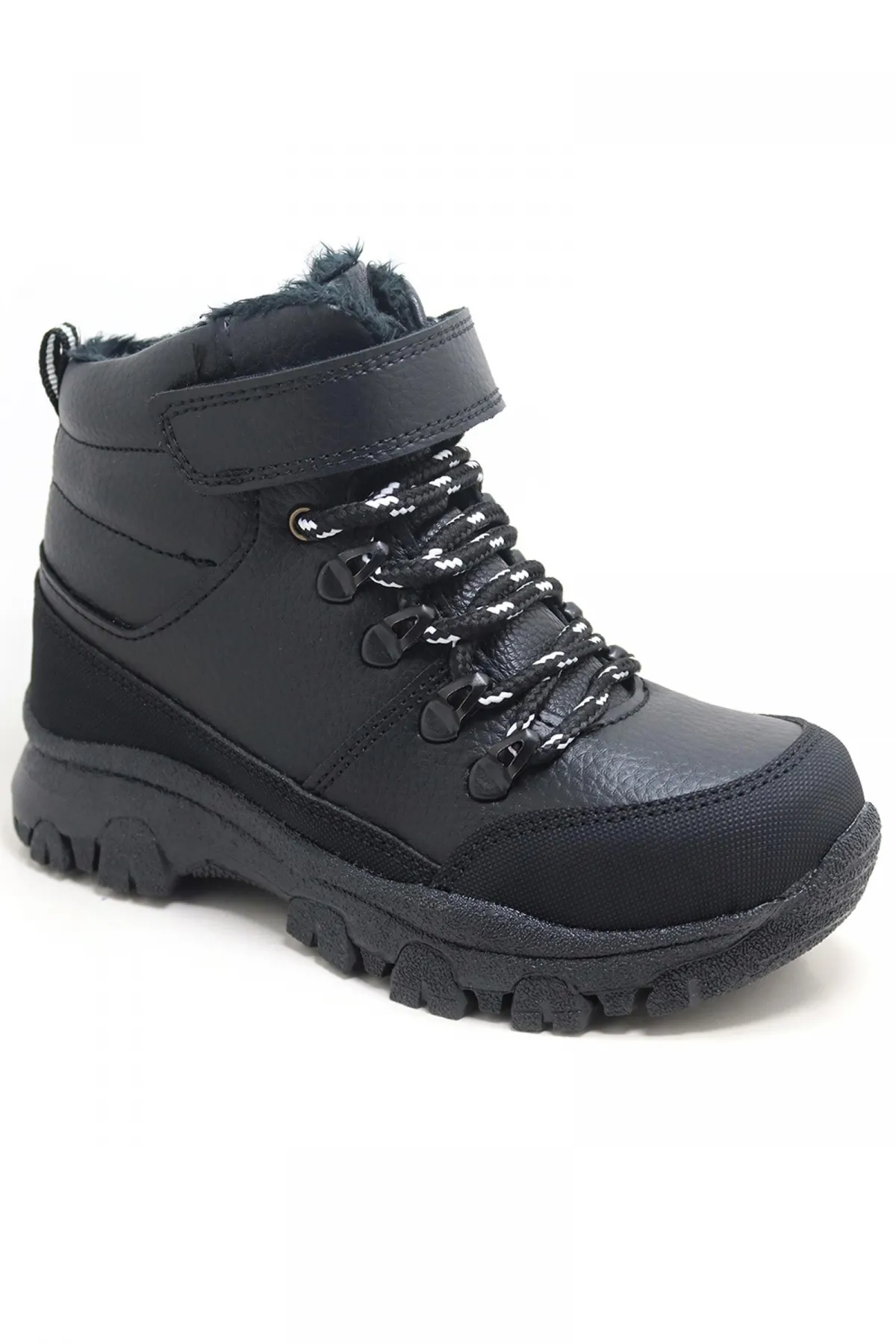Unisex Çocuk Siyah Kalın Tabanlı Kışlık Trekking Botu