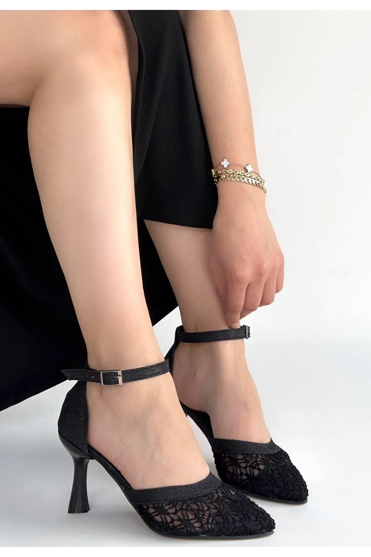 Weja Siyah Cilt Tül Detaylı Topuklu Ayakkabı