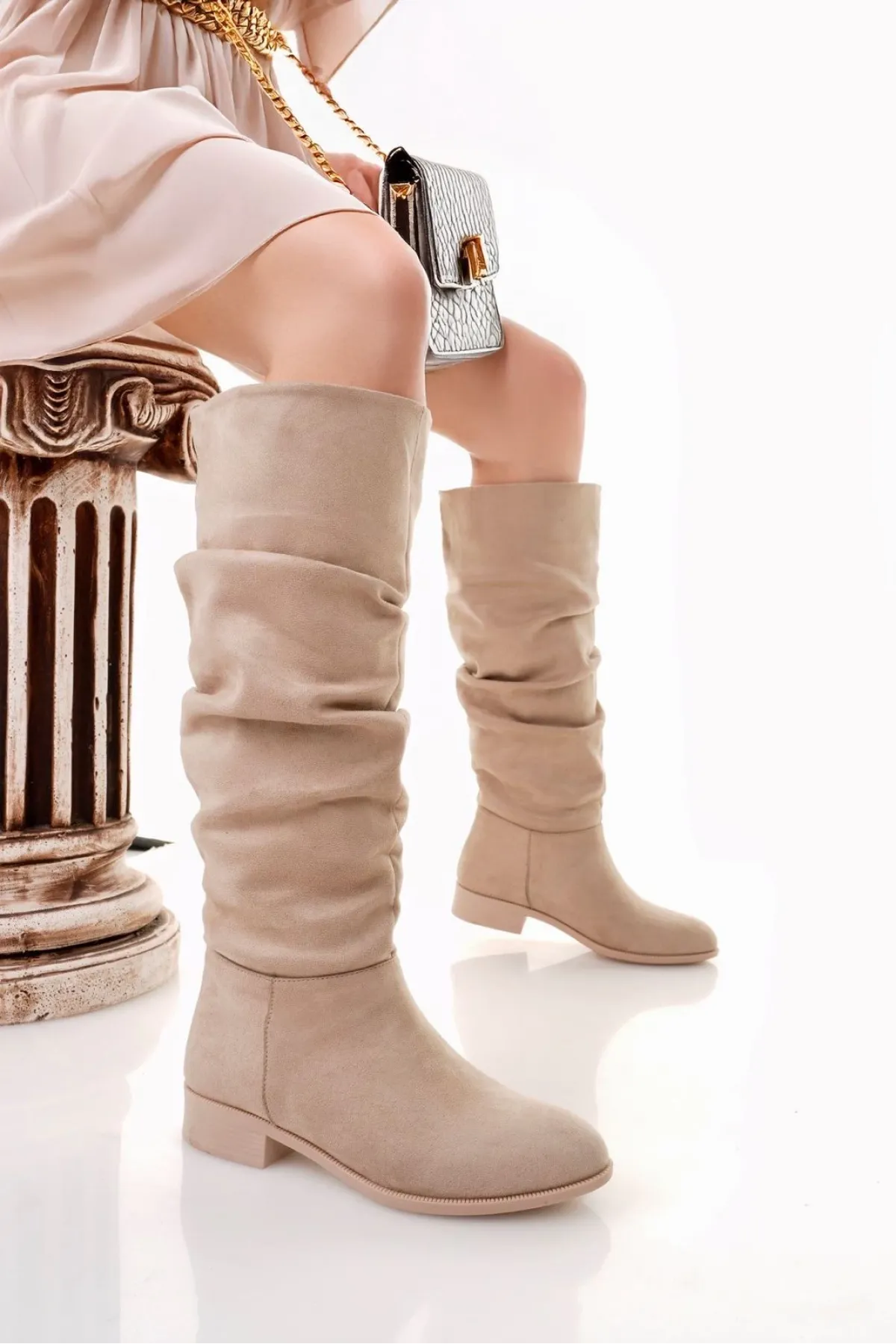 Winda Bej Süet Körüklü Çizme