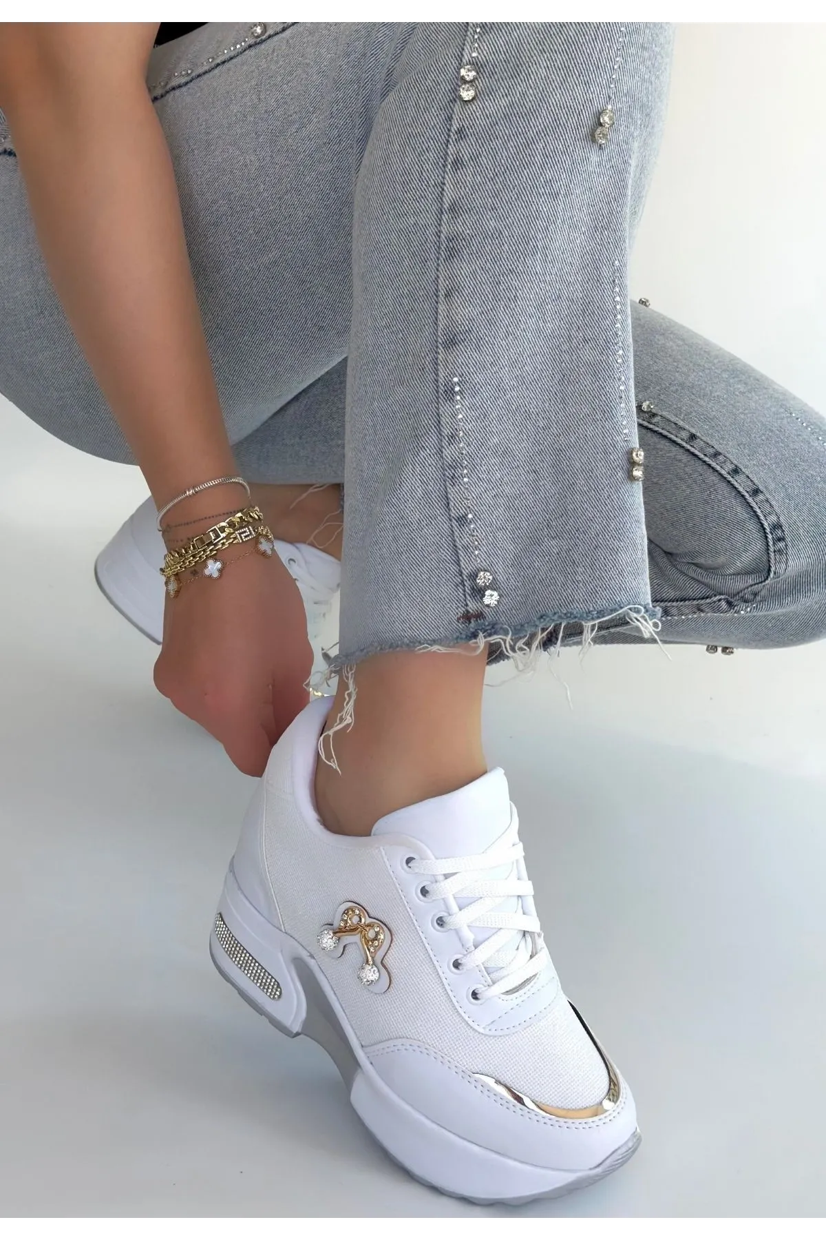 Wody Beyaz Cilt Simli Bağcıklı Spor Ayakkabı