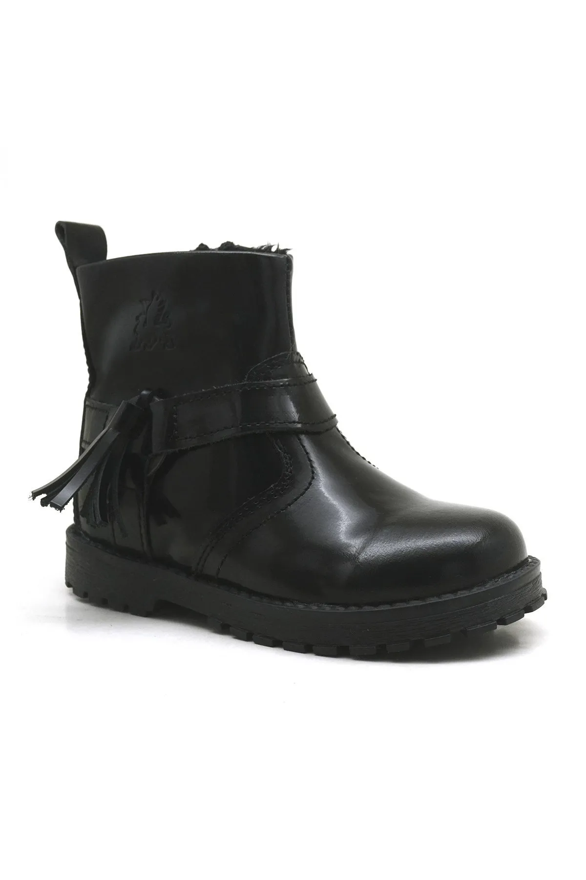 Chiron Hakiki Deri Siyah Rugan Püsküllü Kız Bebek Bot
