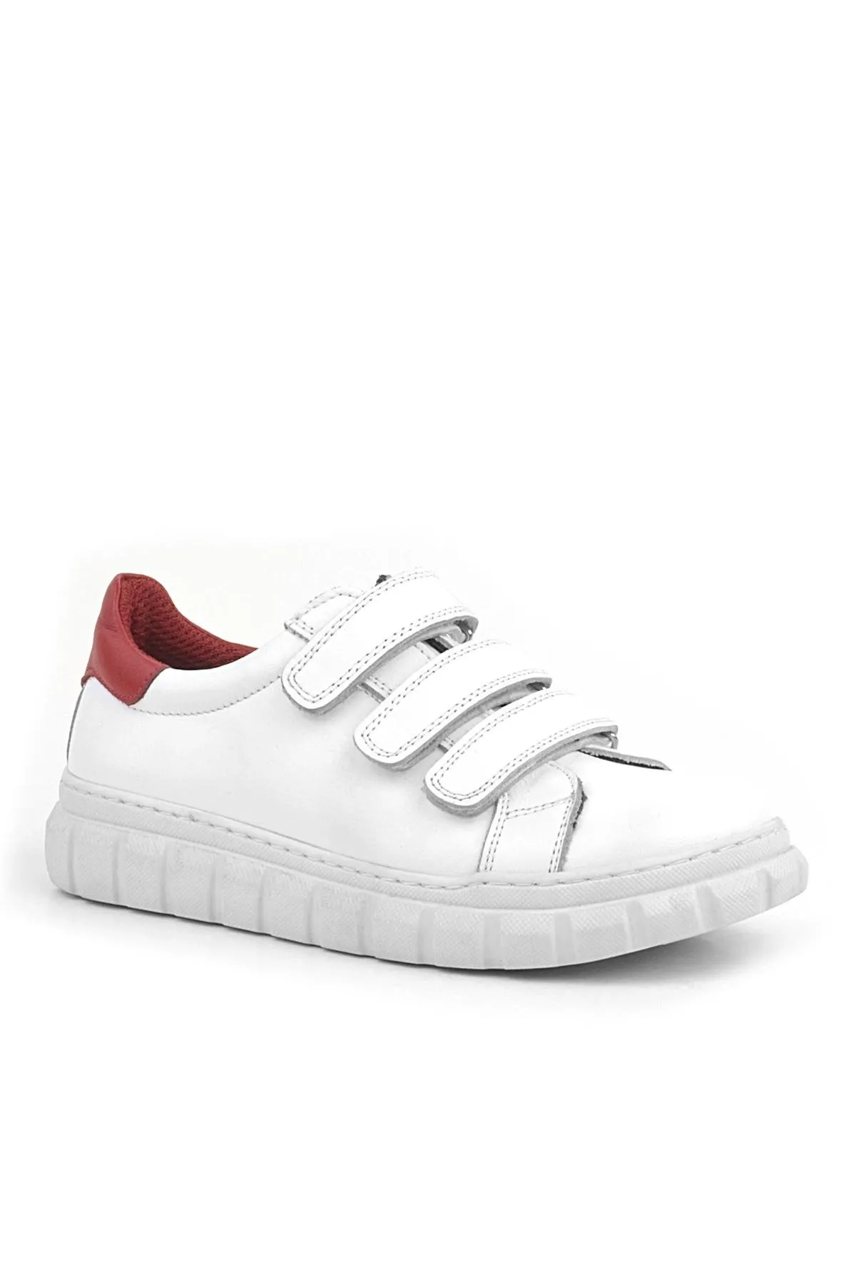Hakiki Deri Beyaz Kırmızı Cırtlı Çocuk Günlük Spor Okul Ayakkabı
