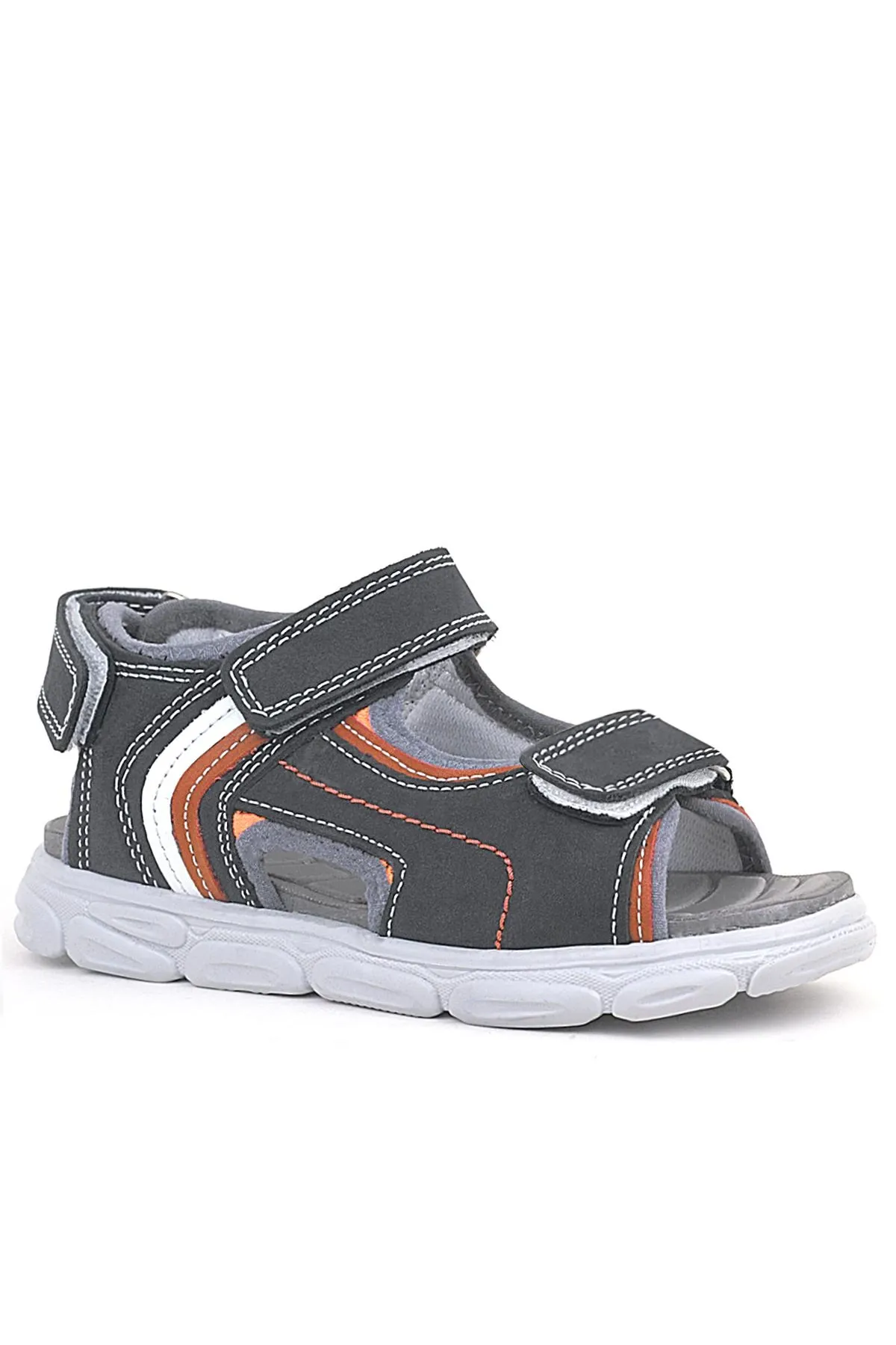 Hakiki Deri Gri Turuncu Beyaz Cırt Cırtlı Çocuk Sandalet