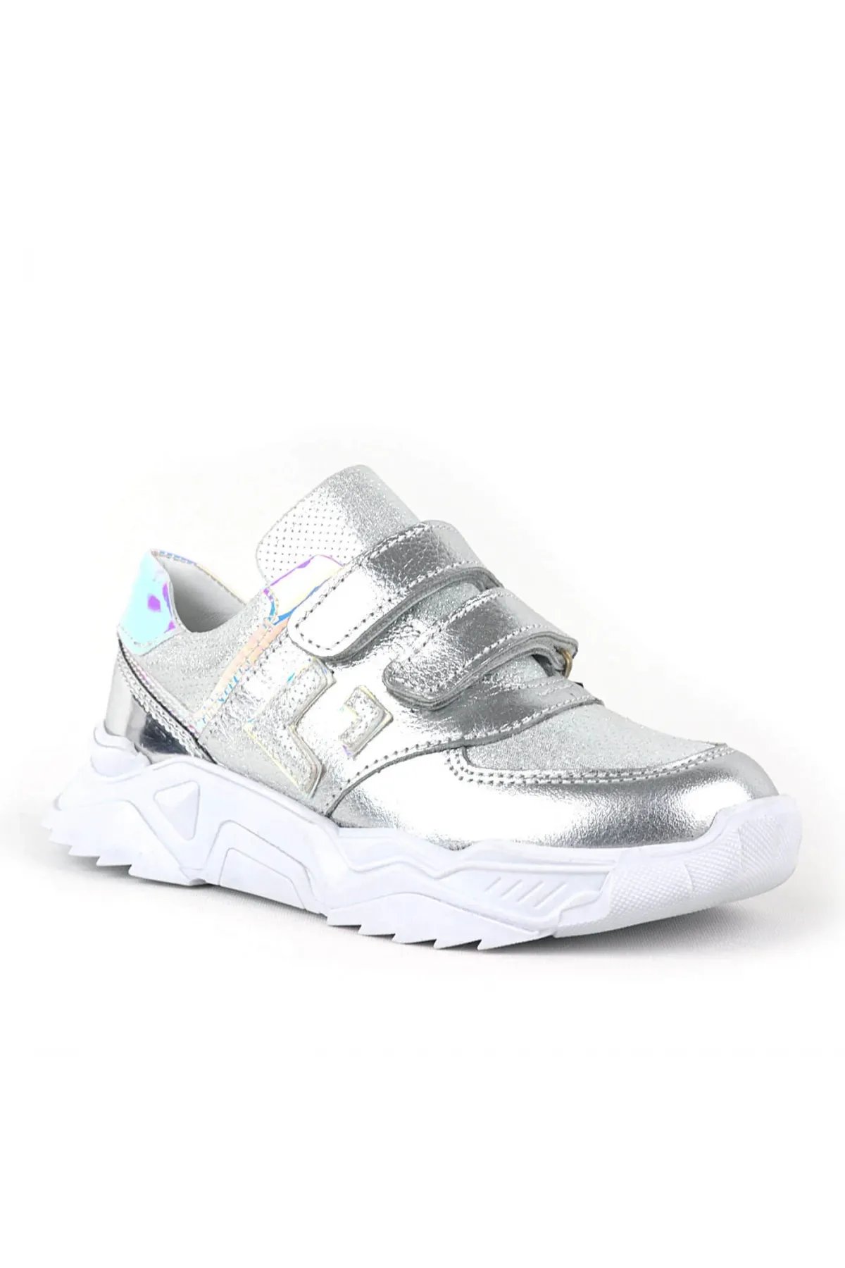 Hakiki Deri Gümüş Renl Cırtlı Kız Çocuk Sneaker Ayakkabı