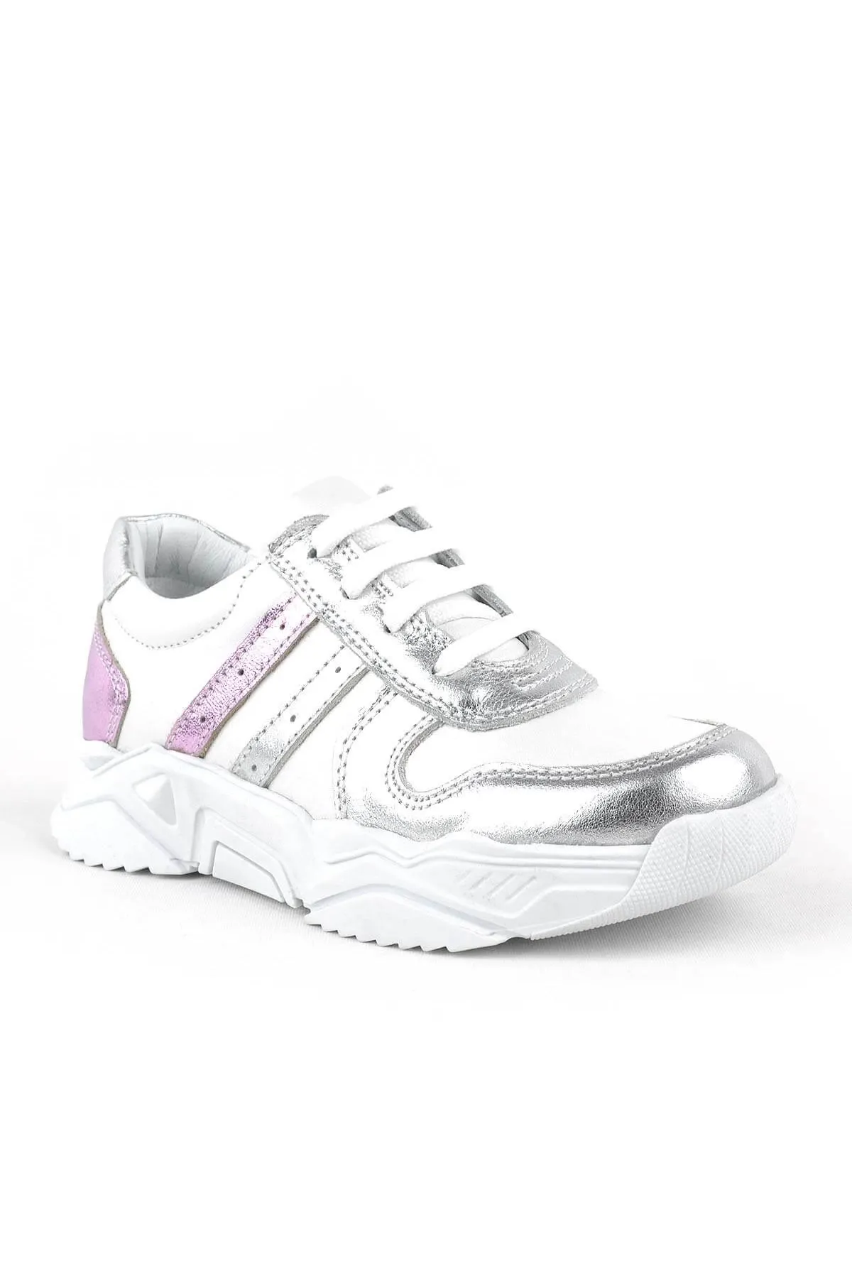 Hakiki Deri Gümüş Pembe Kalın Tabanlı Kız Çocuk Sneakers Ayakkabı