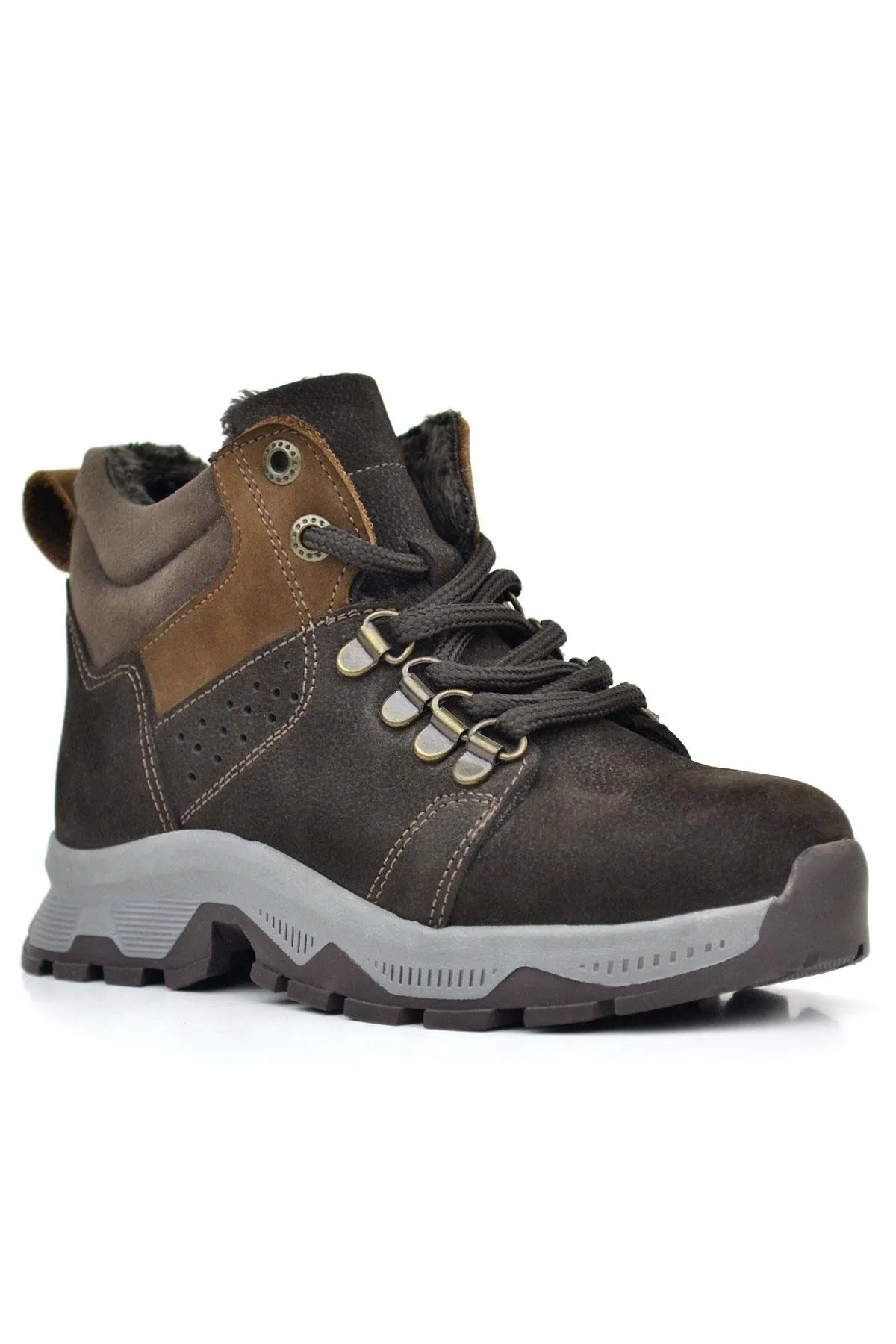 Hakiki Deri Kahverengi Fermuarlı Trekking Çocuk Bot