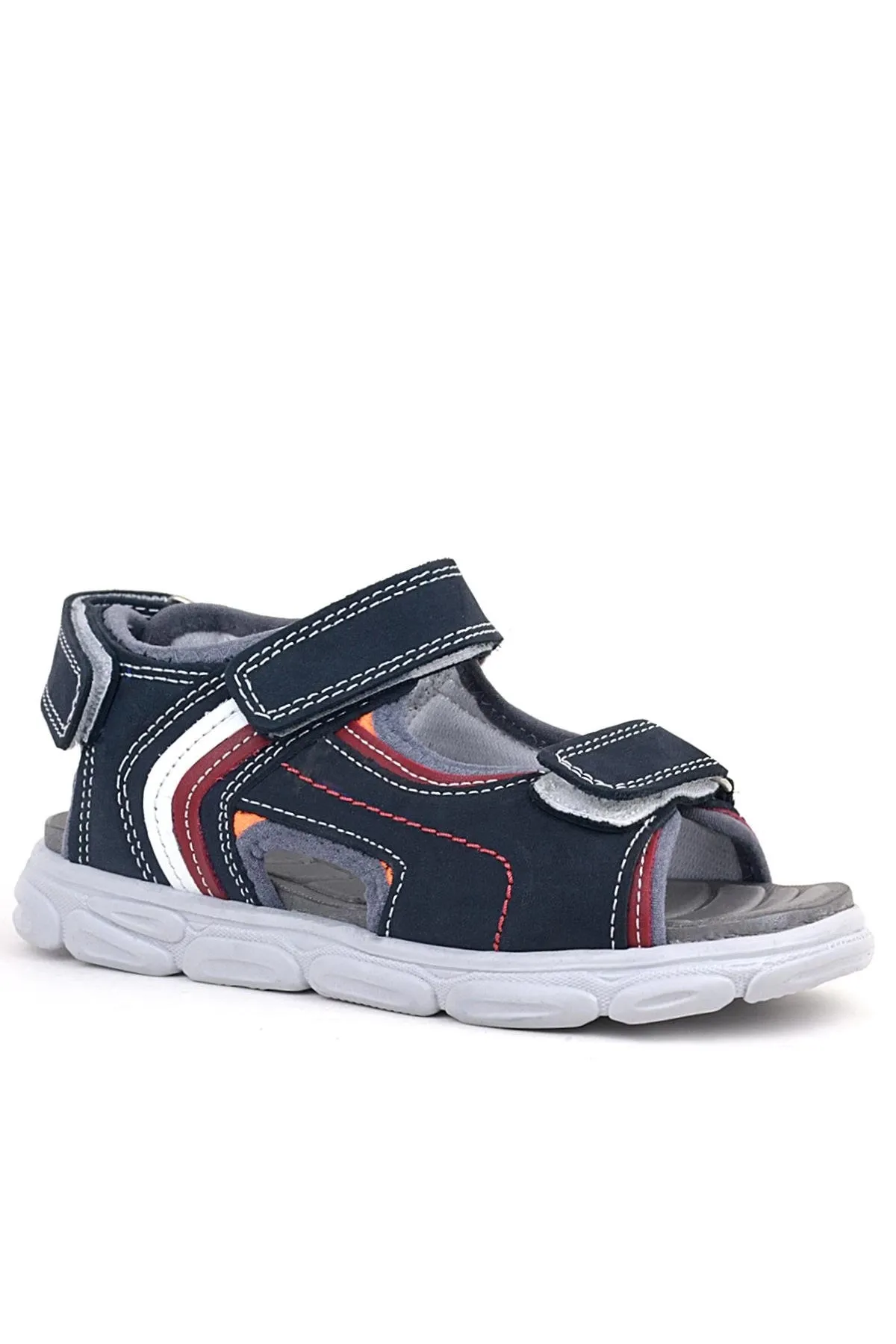 Hakiki Deri Lacivert Kırmızı Cırt Cırtlı Çocuk Sandalet