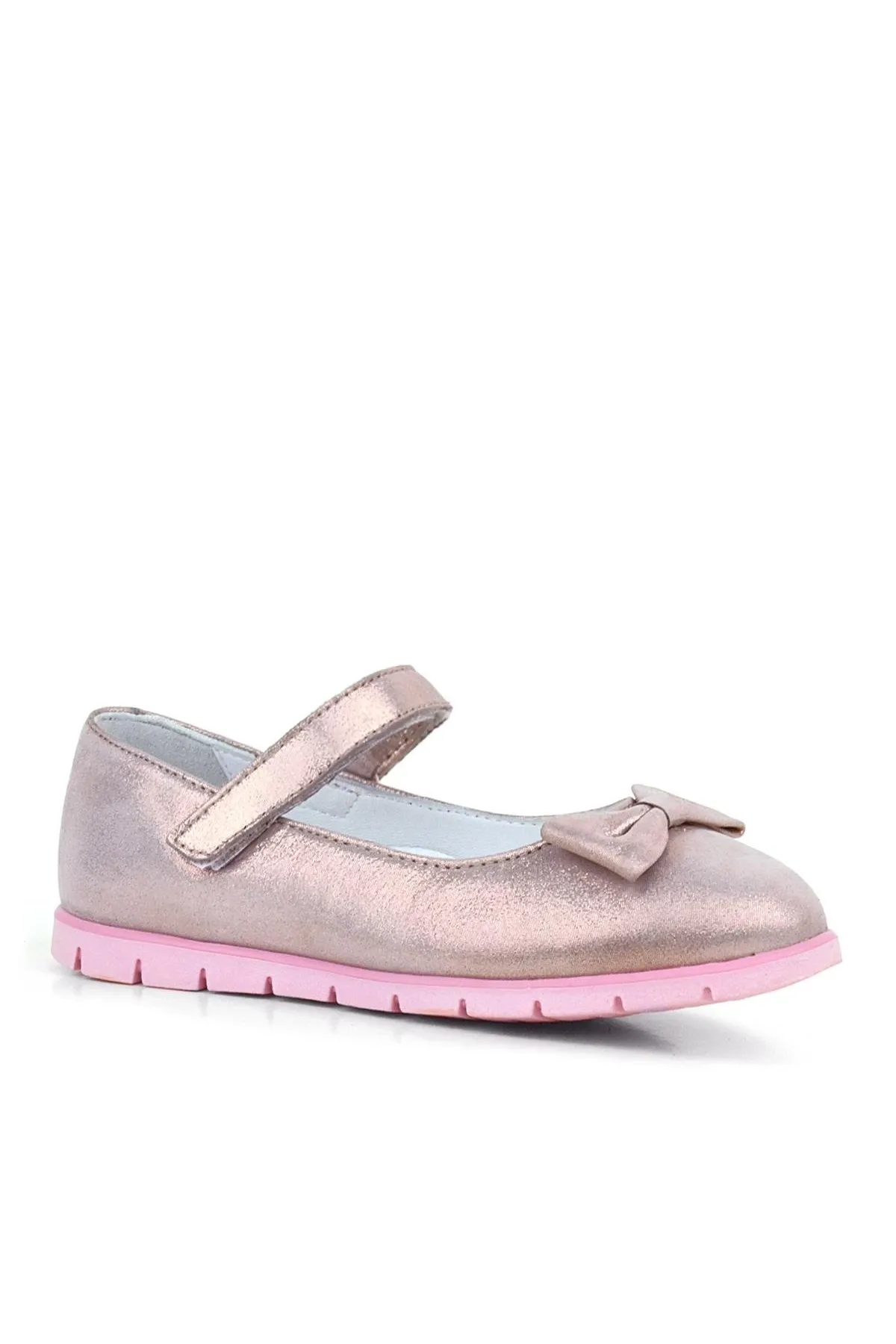 Hakiki Deri Pembe Simli Fiyonklu Cırtlı Kız Çocuk Babet Ayakkabı