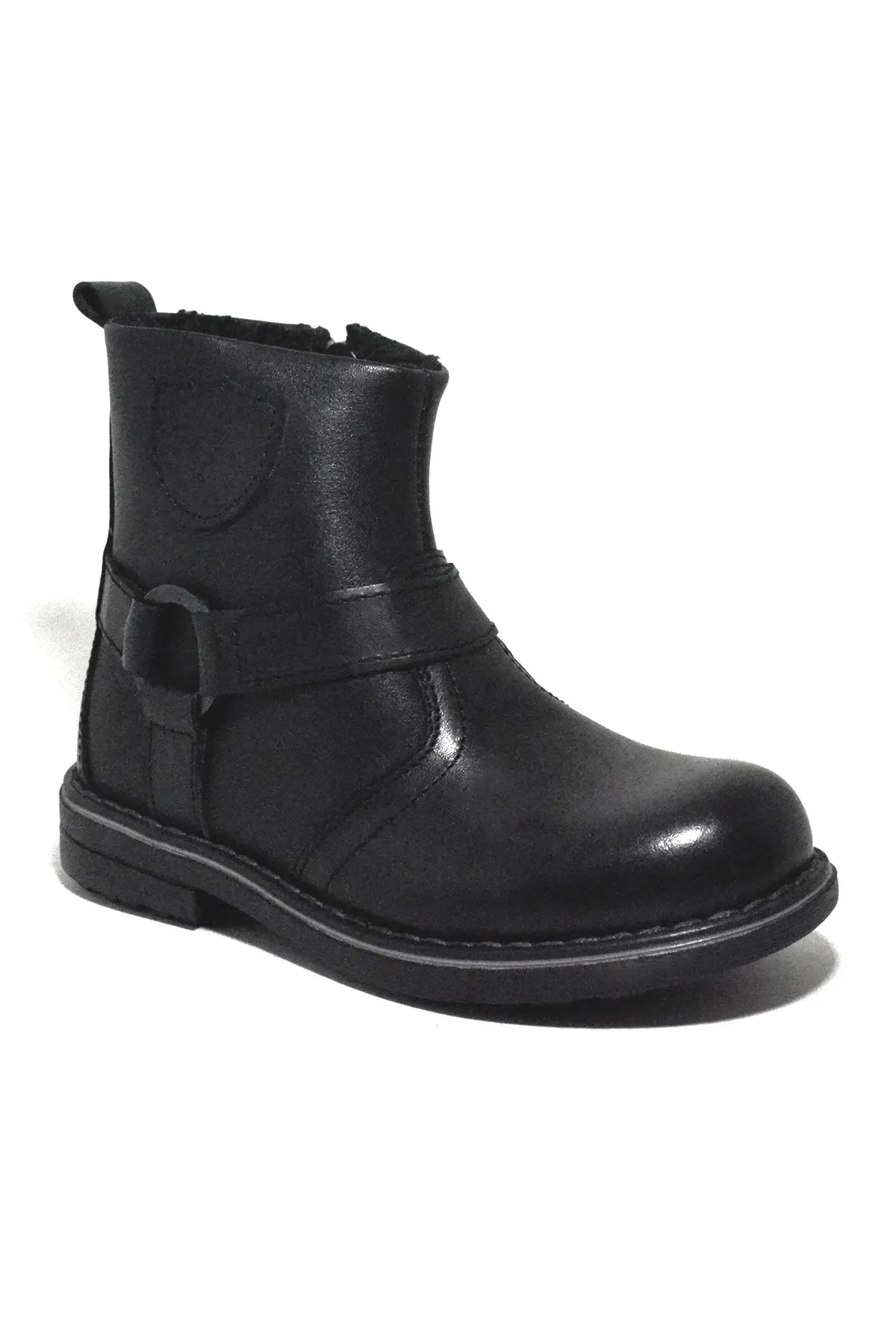 Hakiki Deri Siyah Fermuarlı Kürklü Çocuk Botu