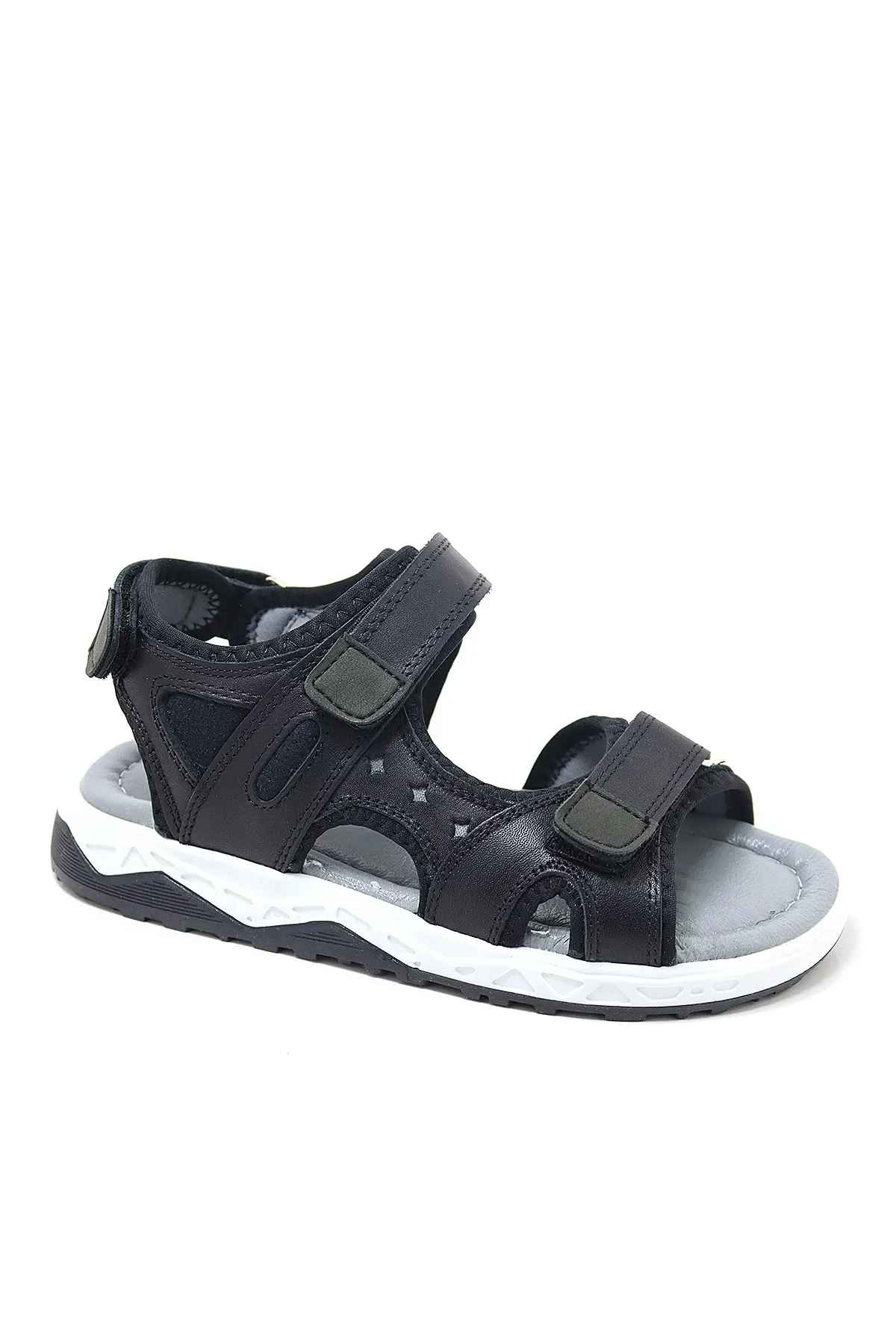 Hakiki Deri Siyah Konfor Tabanlı Cırtlı Çocuk Sandalet