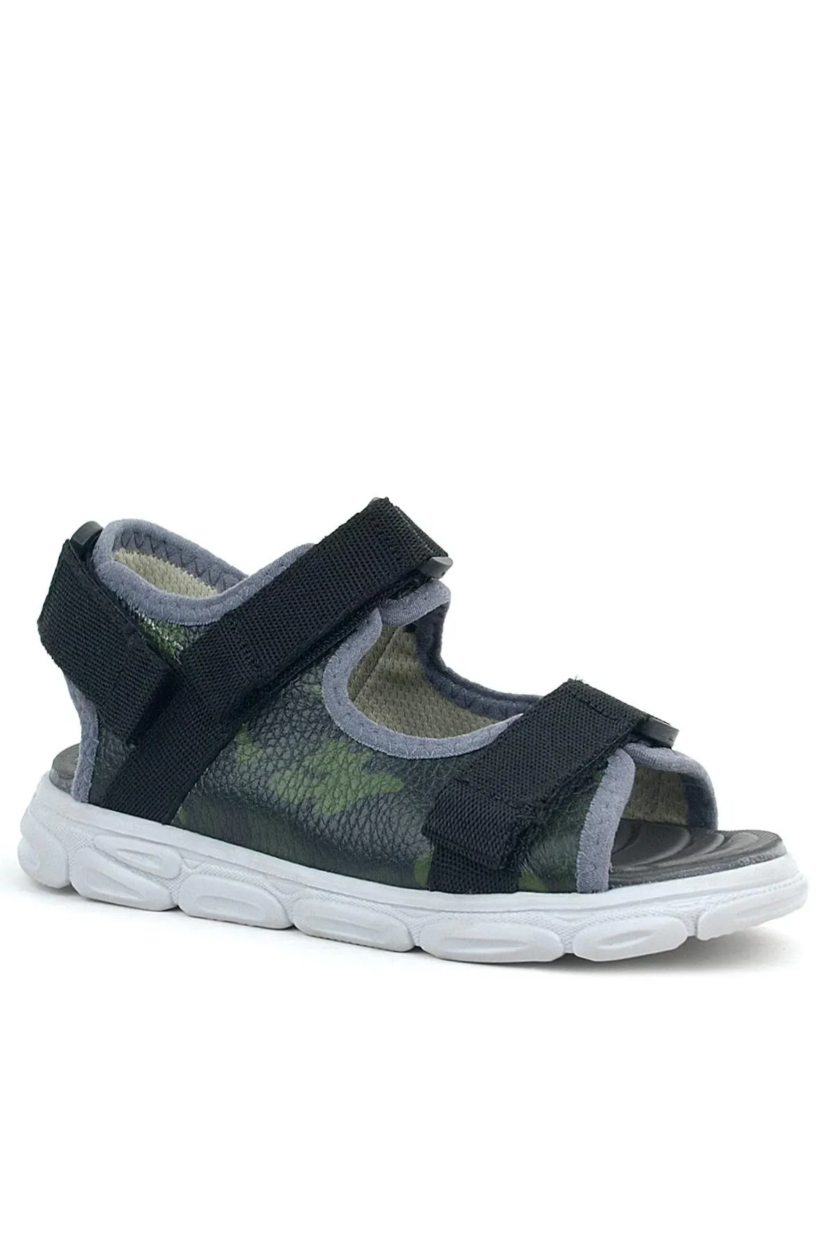 Hakiki Deri Yeşil Kamuflaj Desenli Siyah Çocuk Sandalet