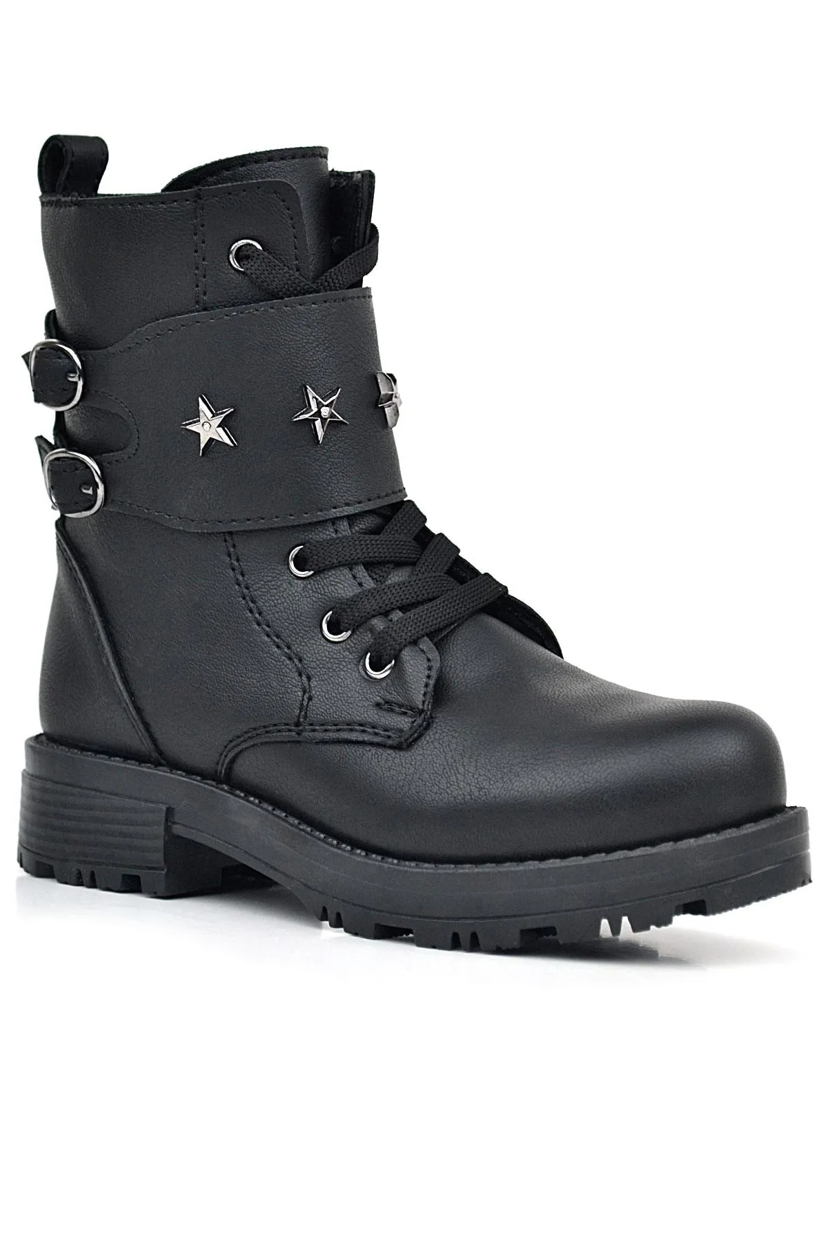 Siyah Bağcıklı Fermuarlı Yıldız Detaylı Kız Çocuk Bot