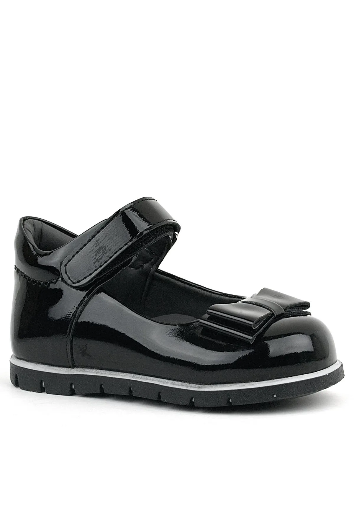 Siyah Rugan Fiyonklu Kız Bebek Babet Ayakkabı