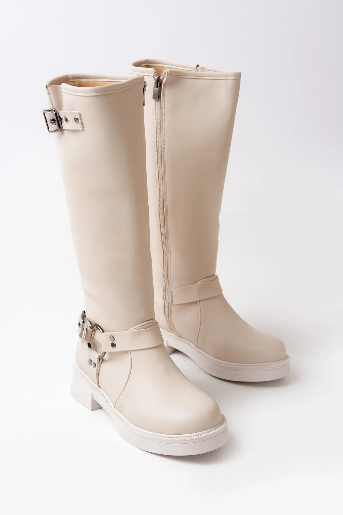 02-312 Bej Toka Aksesuarlı Fermuarlı Günlük Kadın Çizme