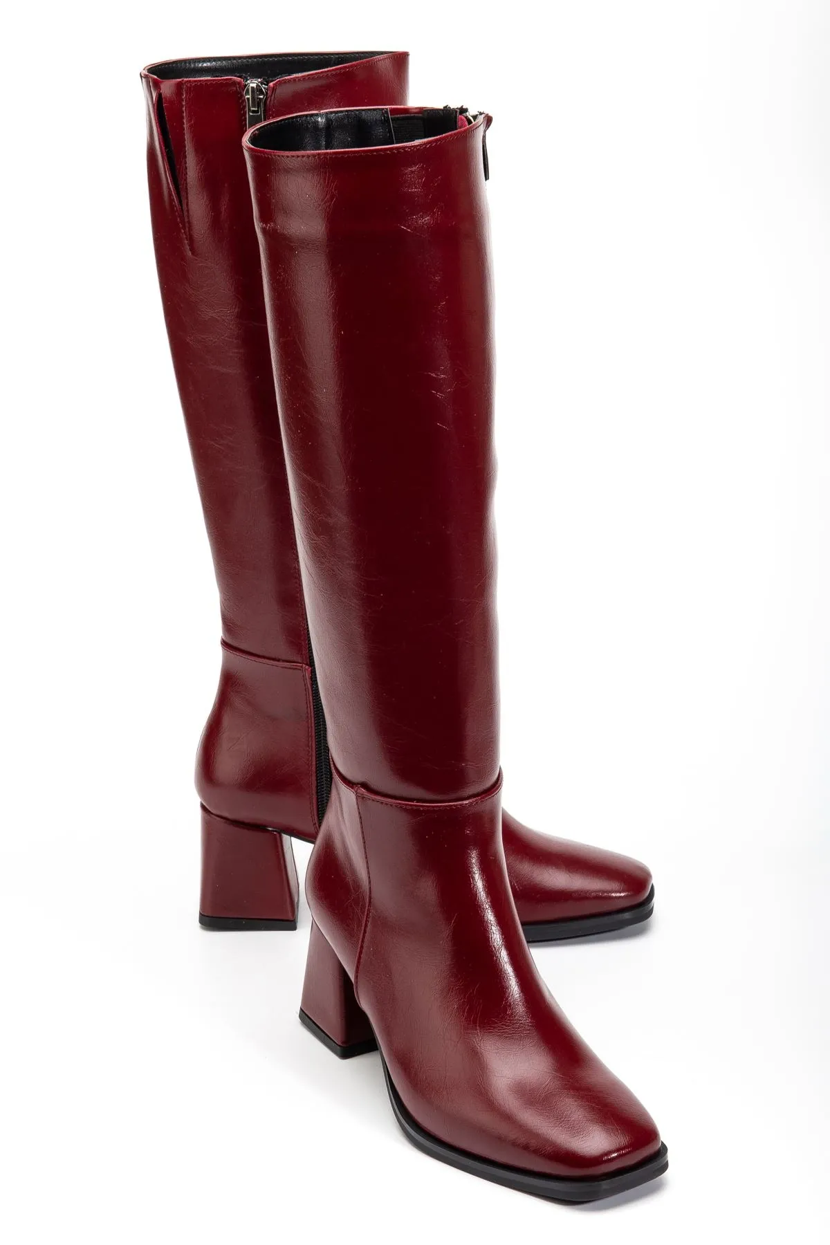 4804 Bordo Kırışık Rugan Fermuarlı Günlük Bayan Çizme