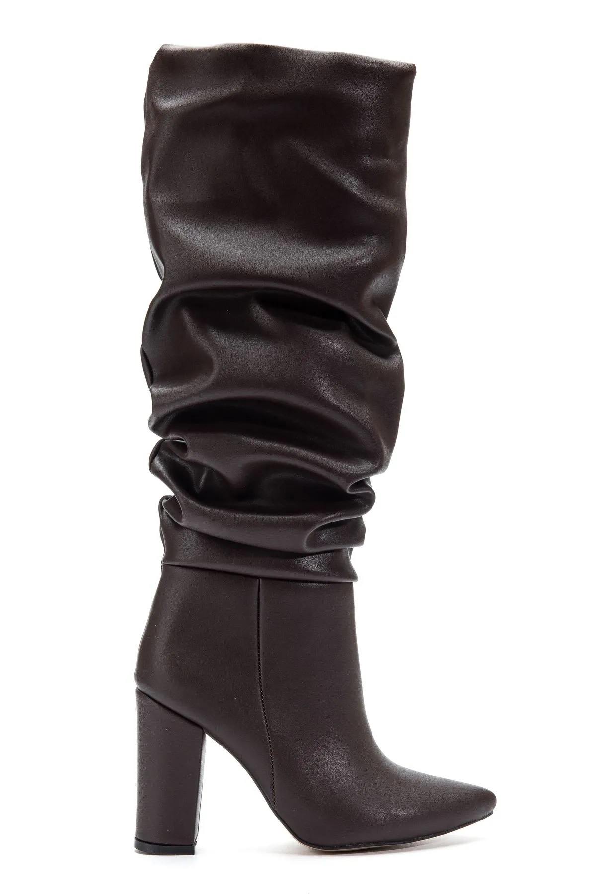 4807 Kahve Cilt Sivri Burun Körüklü Kalın Topuk Günlük Kadın Çizme