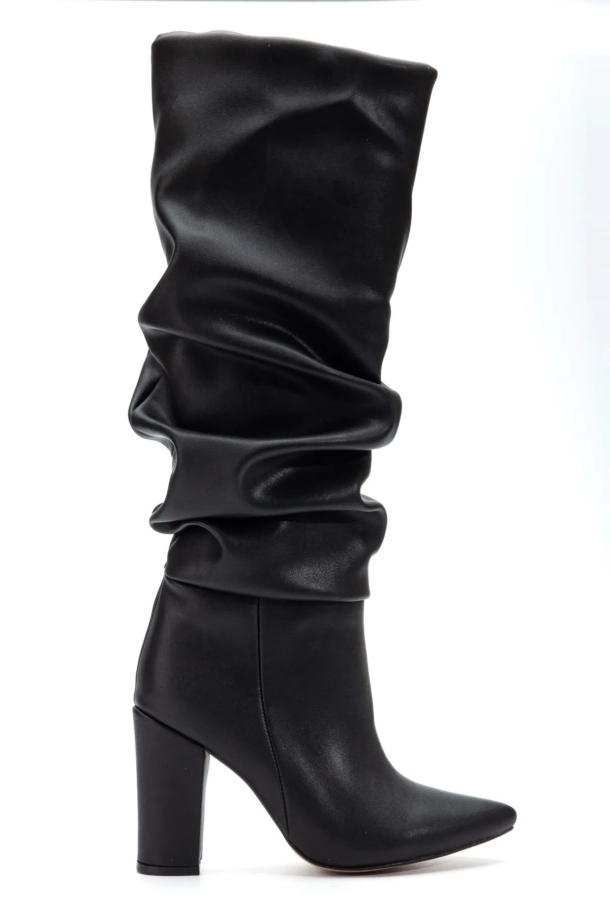 4807 Siyah Cilt Sivri Burun Körüklü Kalın Topuk Günlük Kadın Çizme